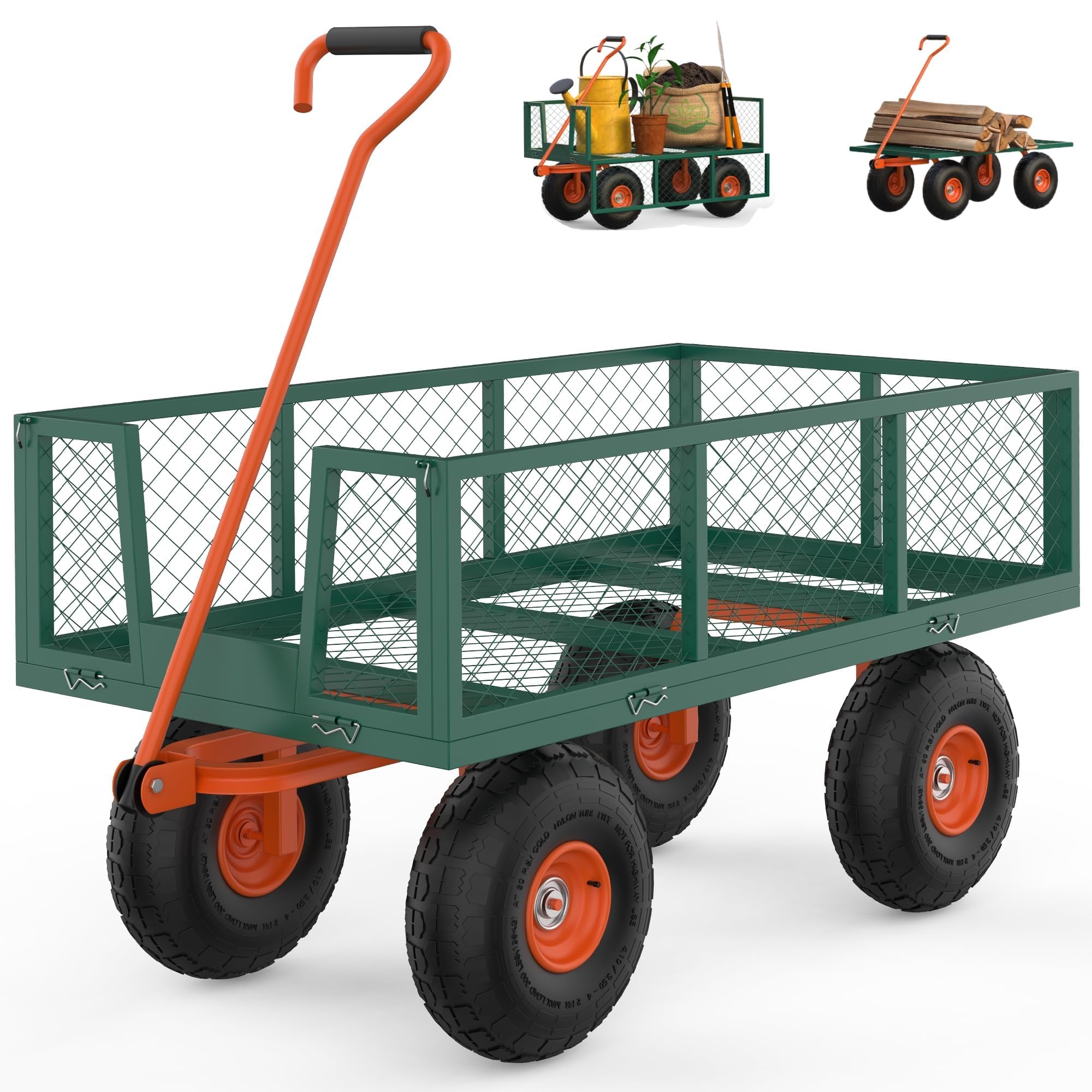 GarveeLife Carrito De Jardín De 500 Lbs, Vagón De Jardín Pesado con Ruedas, Vagón De Carrito De Utilidad Al Aire Libre con Lados