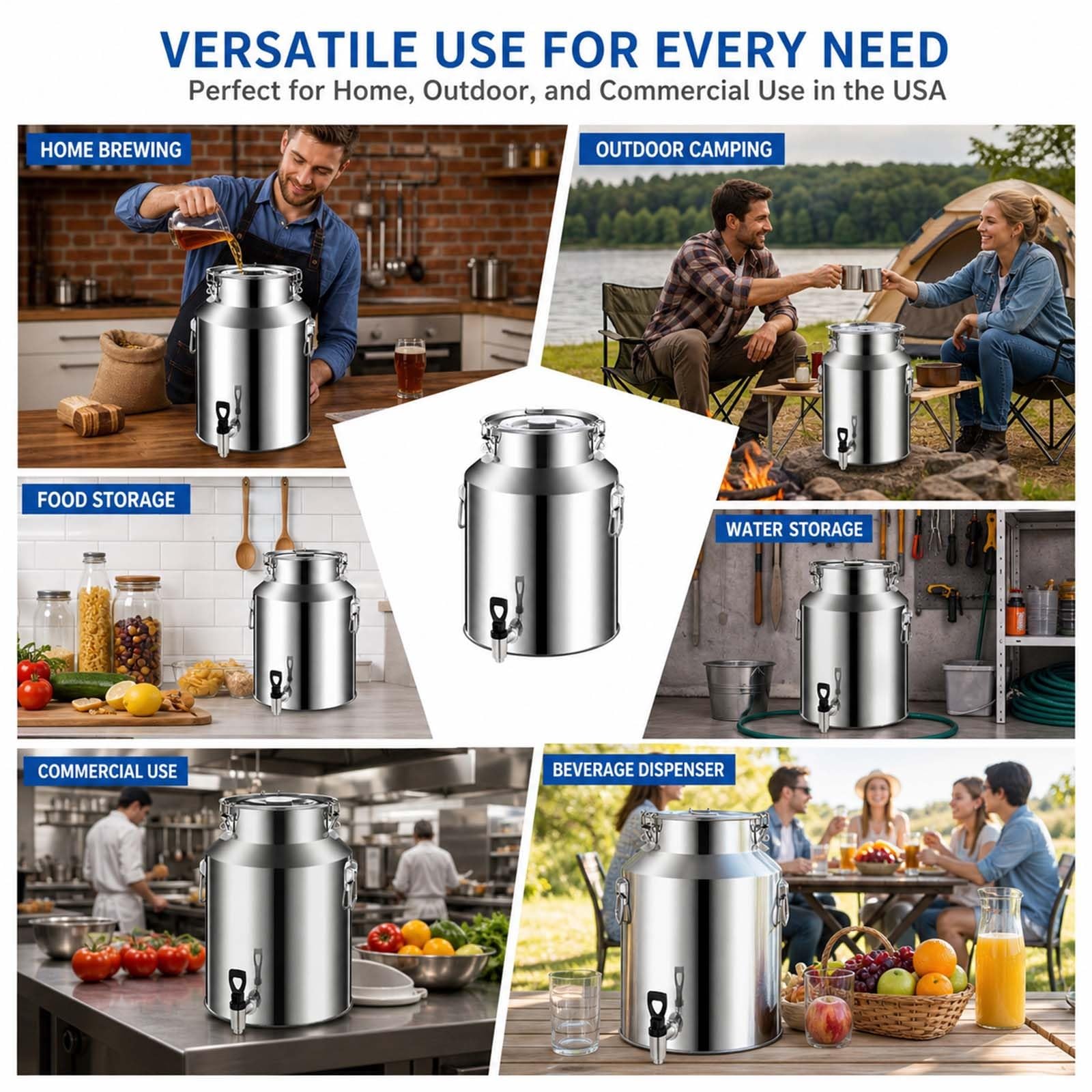 Bricco del Latte Fusto in Acciaio Inox 304 con Rubinetto, 64L 76L 88L Contenitore Alimentare con Coperchio Ermetico Antiperdita, Secchio per Conservazione Olio, Vino, Acqua e Latte