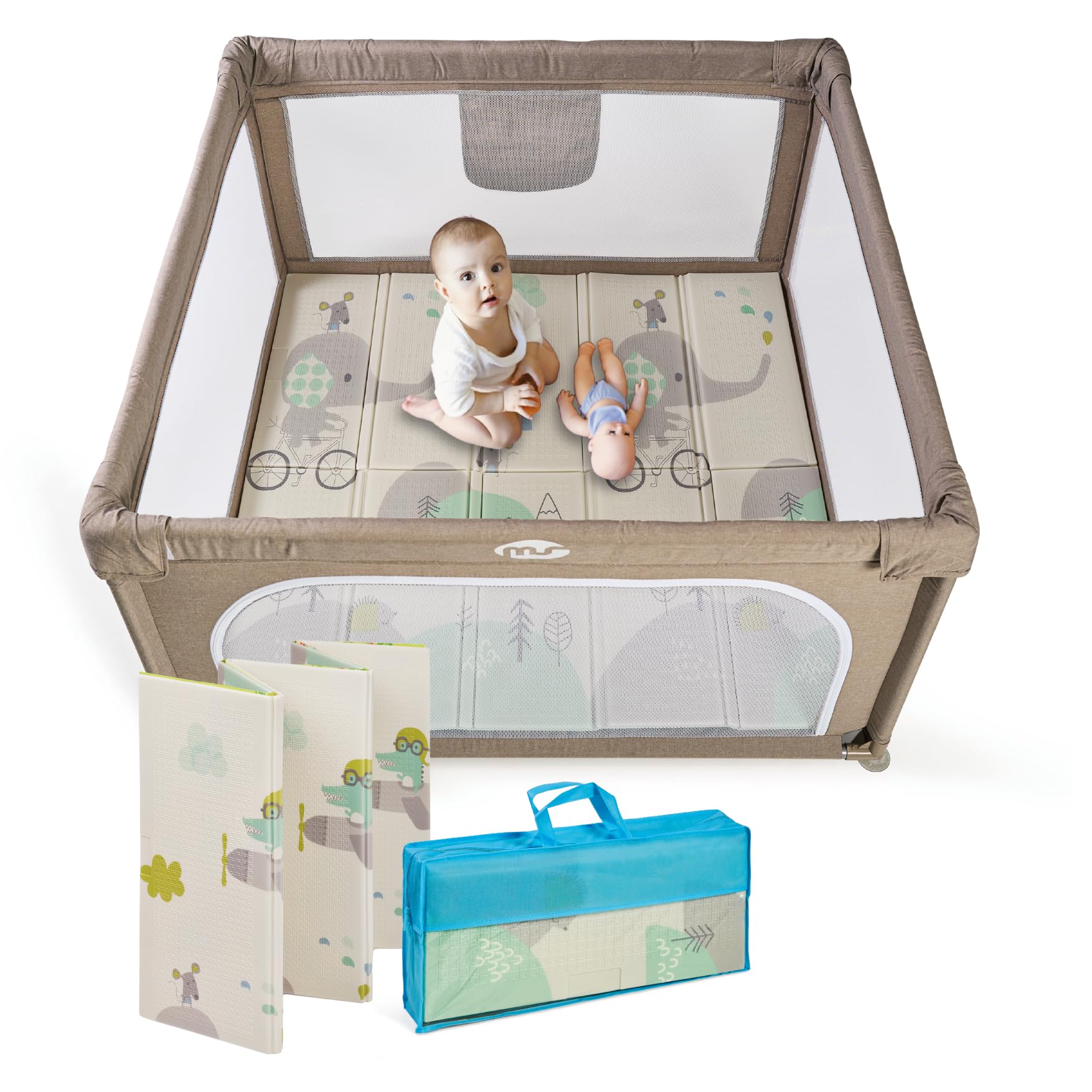 MS Parque L + Alfombra de Juegos para Bebé 120X120 cm - Doble Cara, Tapete Muy acolchado (1cm Grosos), Plegable y con Bolsa de transporte
