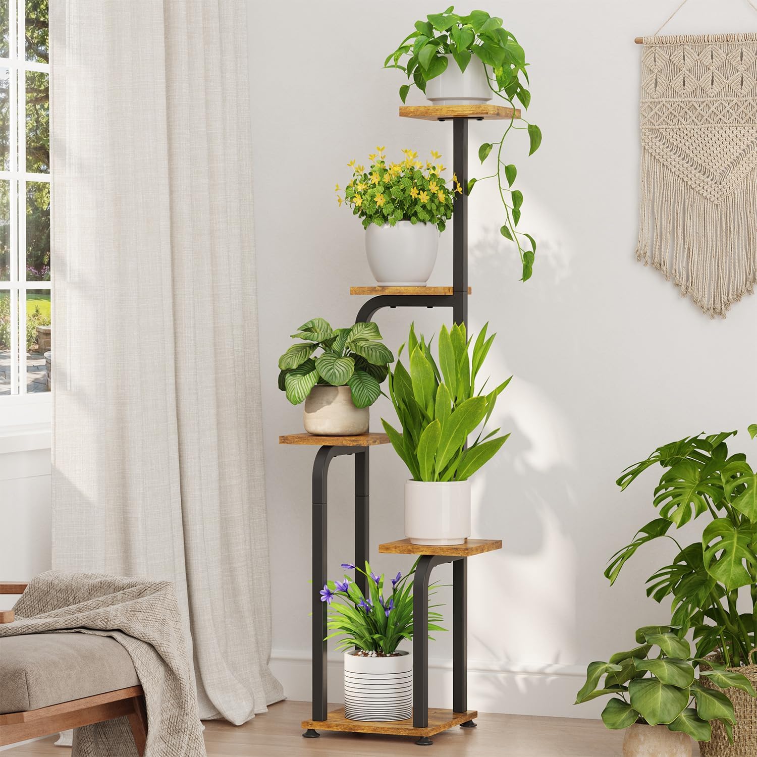 iDavosic.ly Tall Plant Stand Indoor, 4 Tier Corner Multiple Flower Holder Shelf with Wooden Trays, Space Saving Display Rack for Living Room Balcony Patio Porch Outdoor | Black & Brown