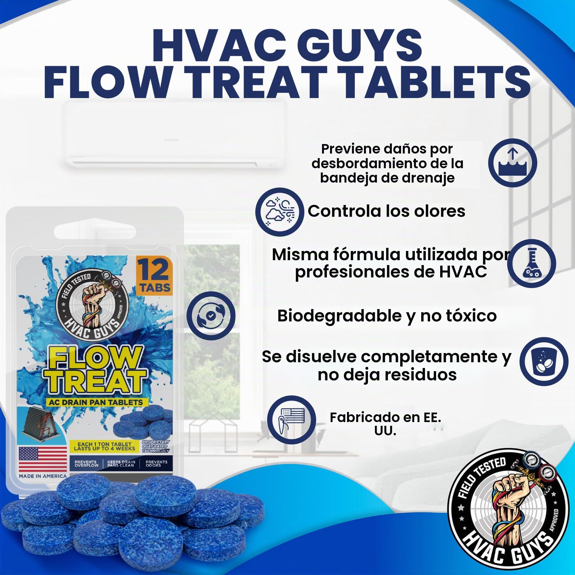 HVAC Guys Pastillas de drenaje de CA, 12 unidades, tabletas duraderas hasta 4 meses que evitan olores y mantienen limpio el drenaje HVAC, evita el desbordamiento