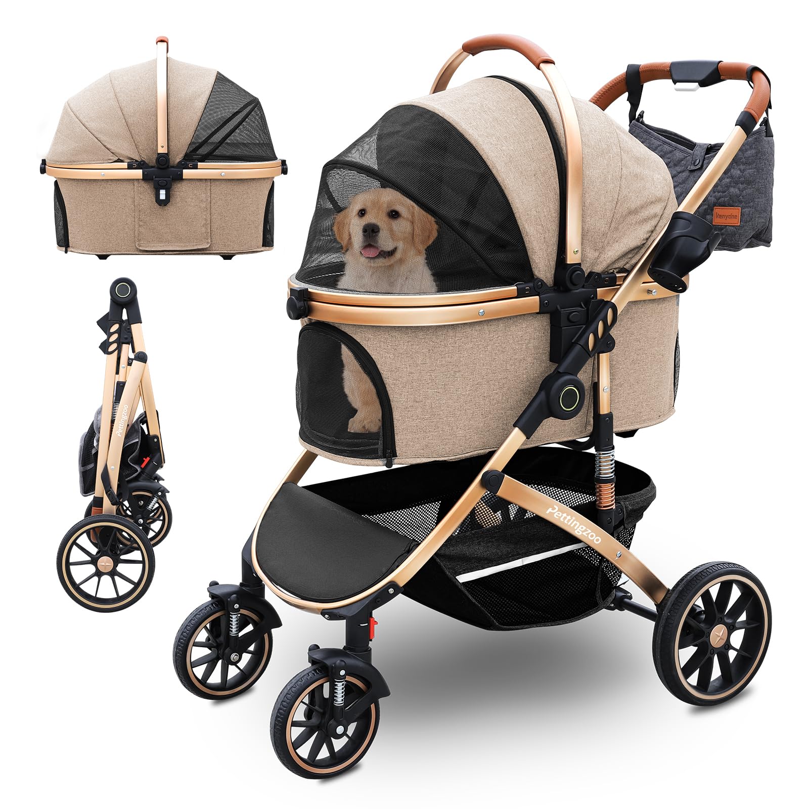 Dog Stroller with 4 Wheels, Stroller for Large Dogs and Cats up to 30 kg, Trolley for 2 Cats, Wear-Resistant Rubber Wheels, 3 in 1 Net Windows (Khaki, 40 x 77 x 102 cm)
