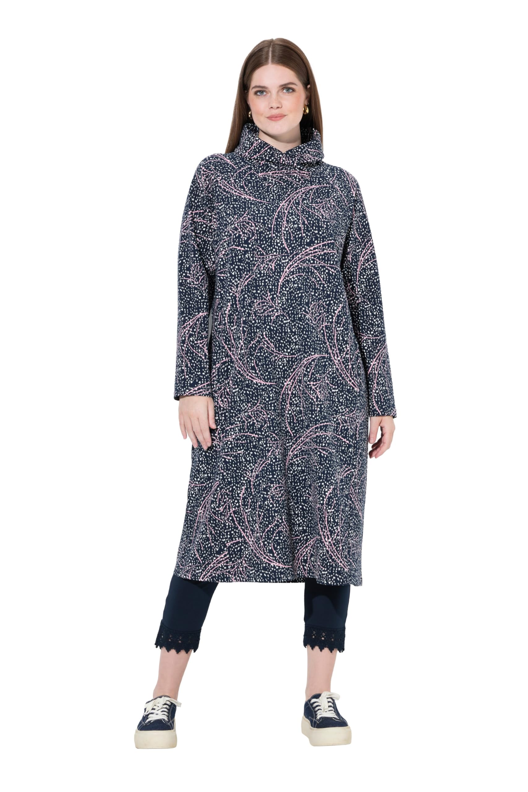 Ulla Popken Damen große Größen Übergrößen Plus Size Sweat-Midikleid, Schalkragen, Langarm, Biobaumwolle 844993