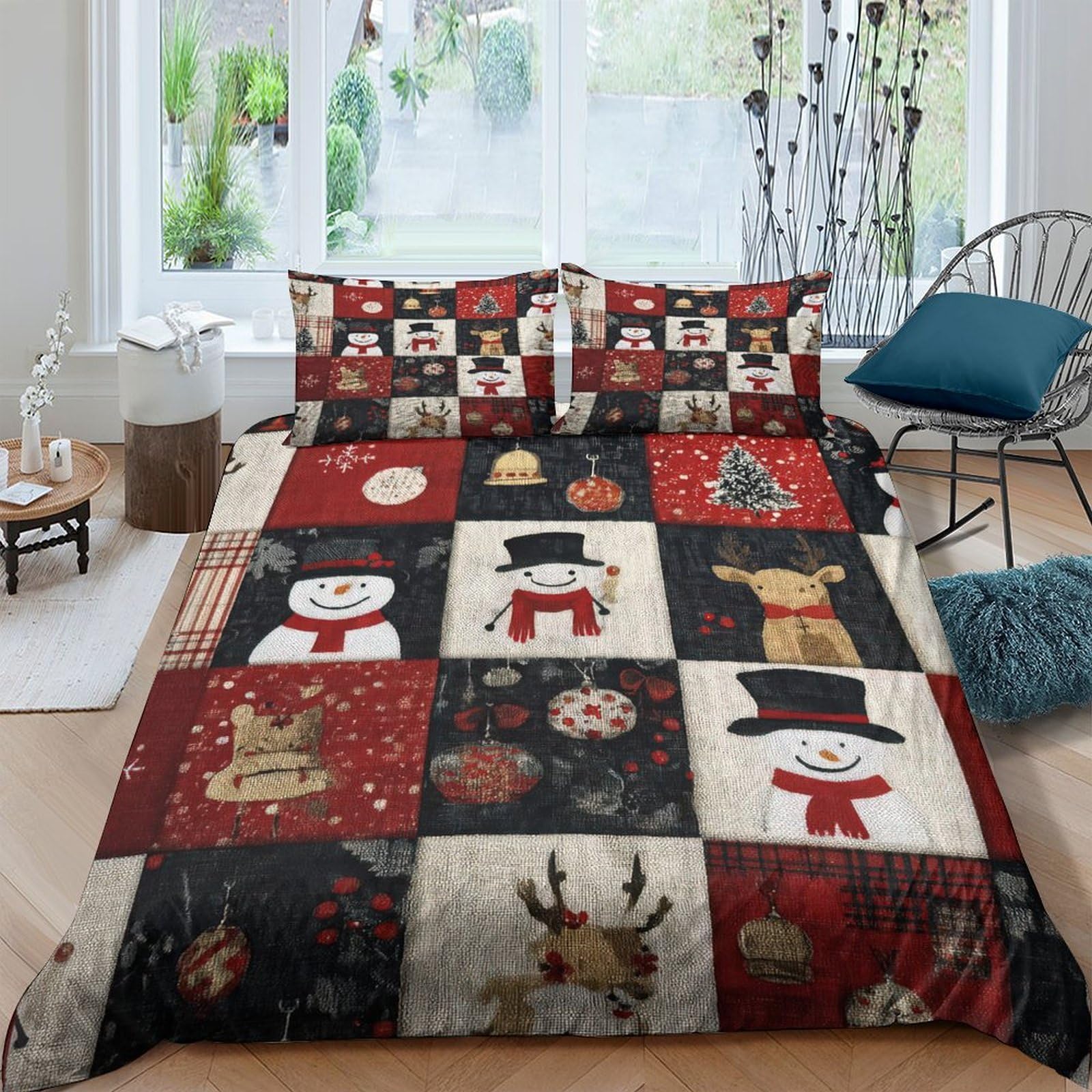 Ctjqhvkz Style-6 3D Printed Christmas Patchwork Fitted Sheet Microfiber Soft Snowman Reindeer Bed Cover For Bedroom Guest Room Decor Single（135X200cm）