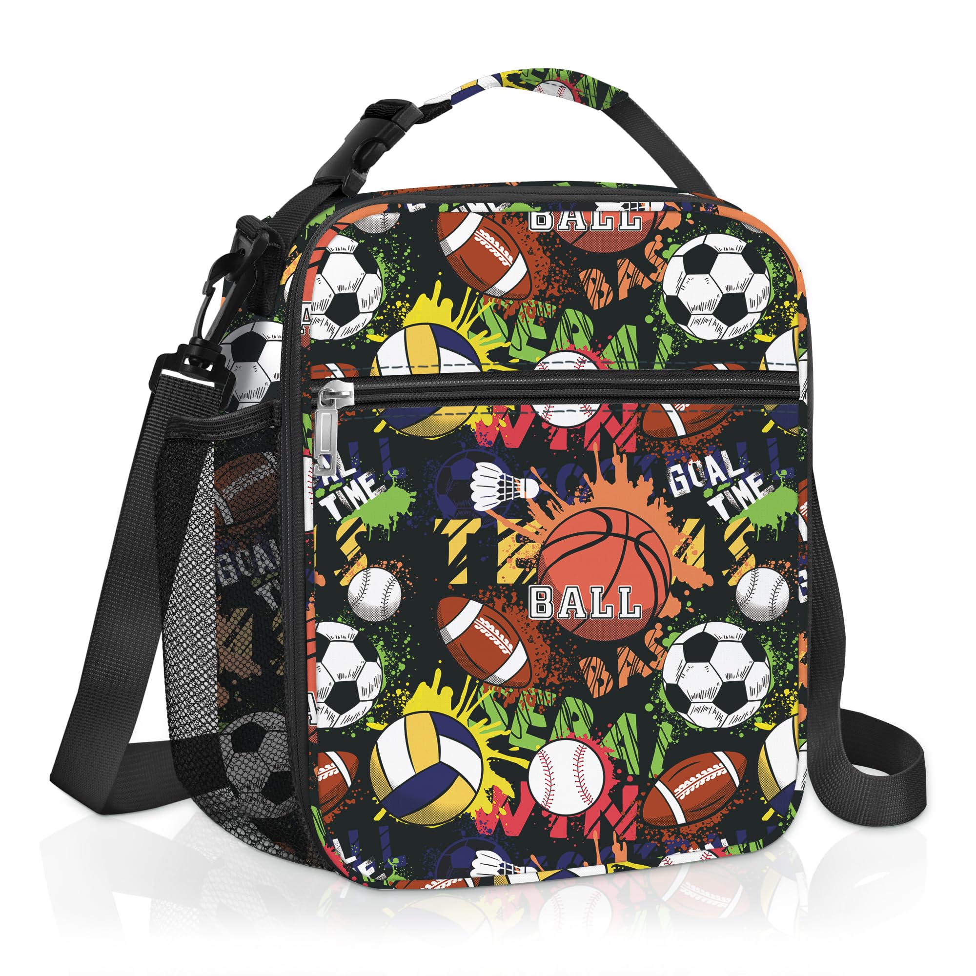 Clastyle Sport Ball Insulated Lunch Bag Large Thermal Cooler Bag for Boys Picnic Lunch Box Tote Black Basketball