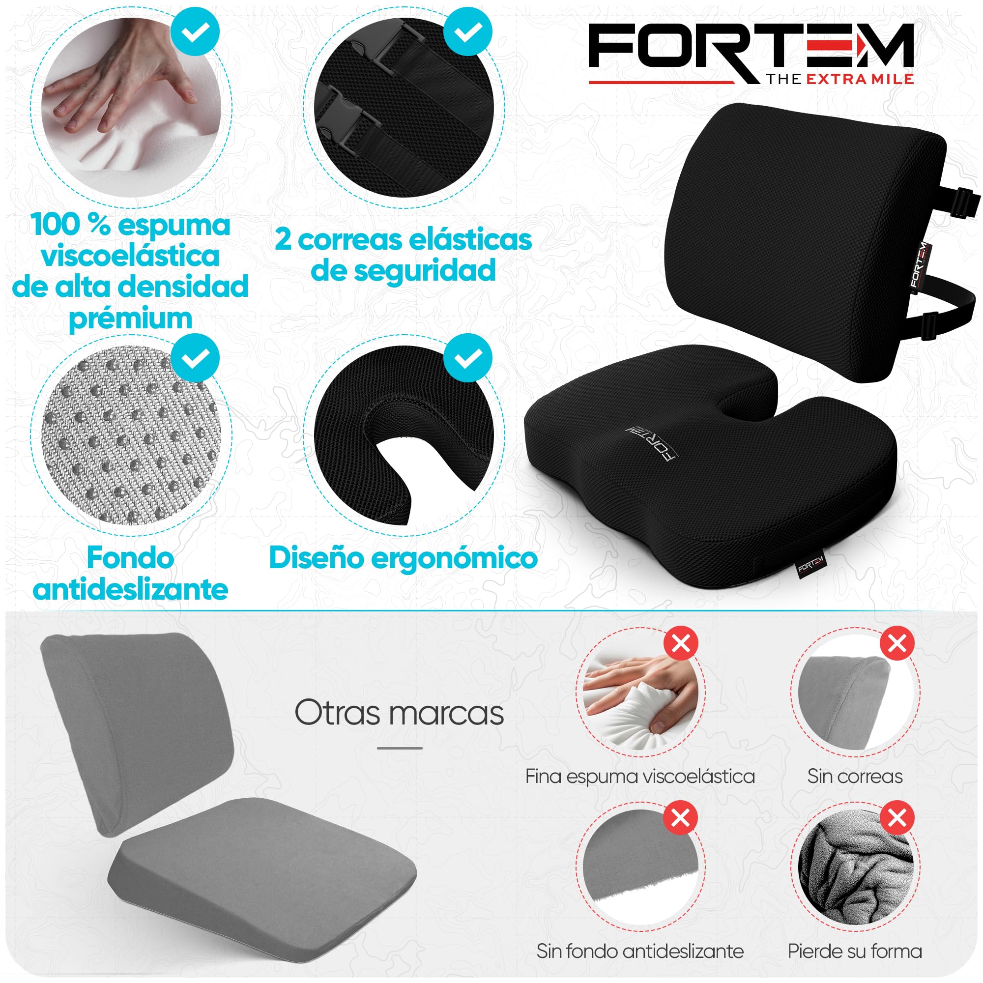 FORTEM Pack Cojín Silla Oficina y Almohada Lumbar - Cojín para Silla Ordenador en Forma De U y Almohada Lumbar con Espuma Viscoelástica para Asiento Coche, Gaming, Trabajo - Fundas Lavables
