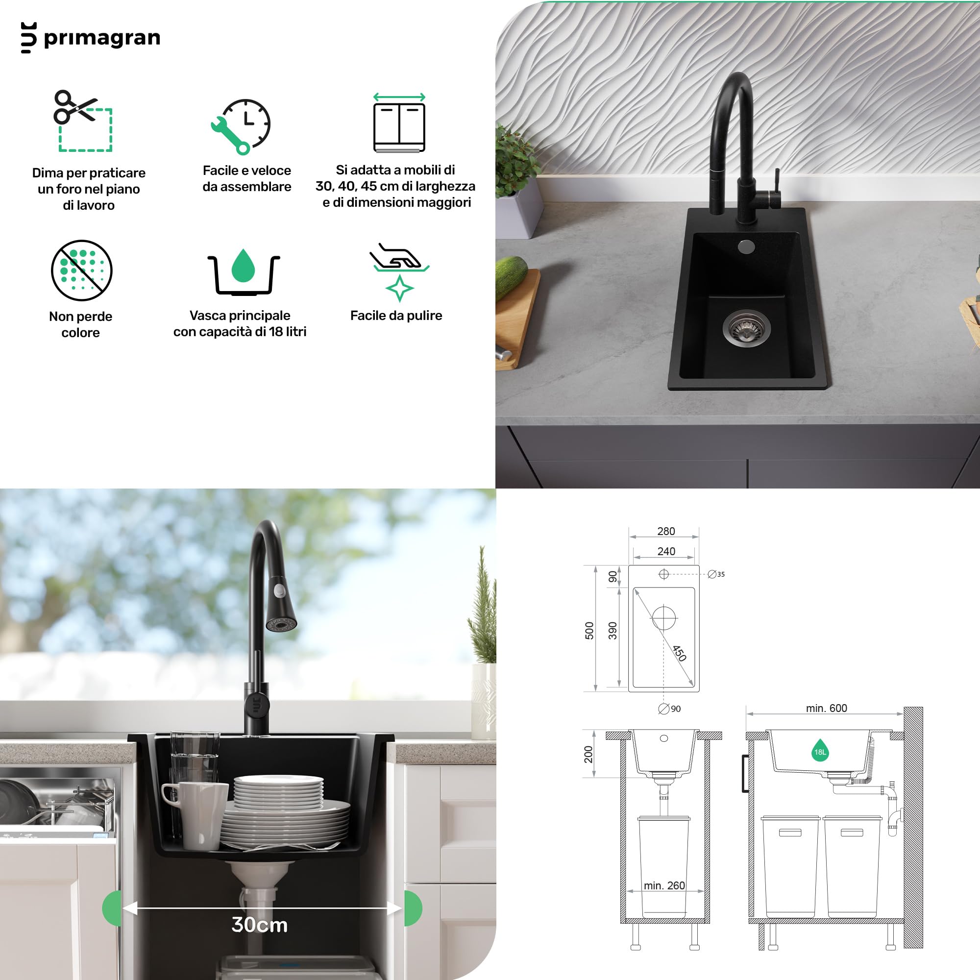 PRIMAGRAN Lavello da Cucina Nero - Riga, 28x50cm | Lavandino in Granito a 1 Vasca + Sifone Classico, Lavabo da Cucina Incasso al Mobile 30cm (S001)