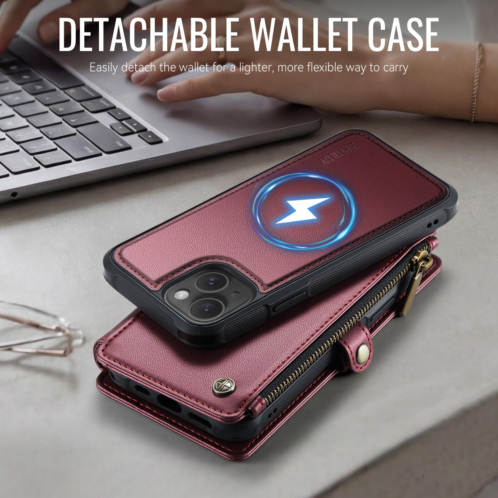 per iPhone 13 - Custodia a portafoglio magnetica staccabile | Compatibile con Magsafe, porta carte di credito con blocco RFID, tasca con cerniera, cinturino da polso