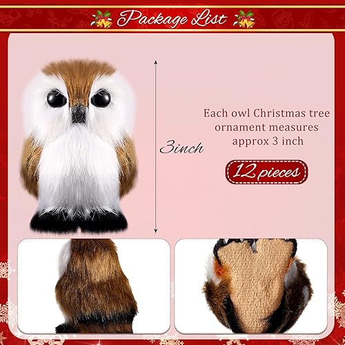 Miniatura 3 de Sratte Adorno navideño de búho peludo, bonito búho colgante para árbol de Navidad, fiesta de carnaval (12 unidades, estilo marrón)