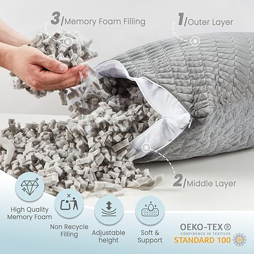 Miniatura 10 de Bafode Juego de dos almohadas de espuma viscoelástica triturada tamaño Queen de bambú de enfriamiento ajustable firme y suave para personas que