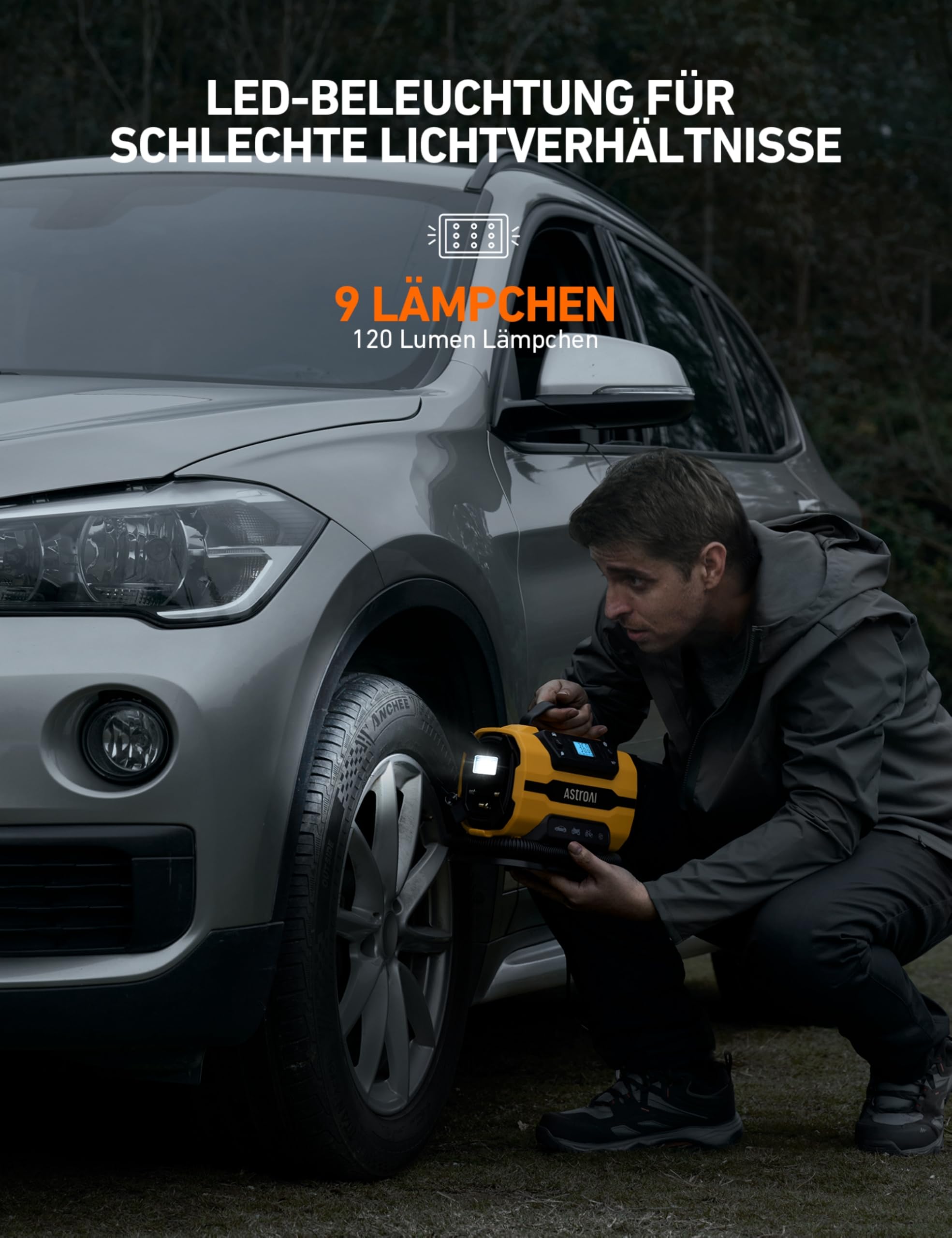 AstroAI Kompressor Auto 12V DC/230V AC Duale Stromquellen, 10,3 bar, Luftmatratzenaufpumpen Max. 350 L/min, Reifenaufpumpen Max. 25 L/min, Multifunktional für Fahrrad,Auto,Schlauchboote,Luftmatratze