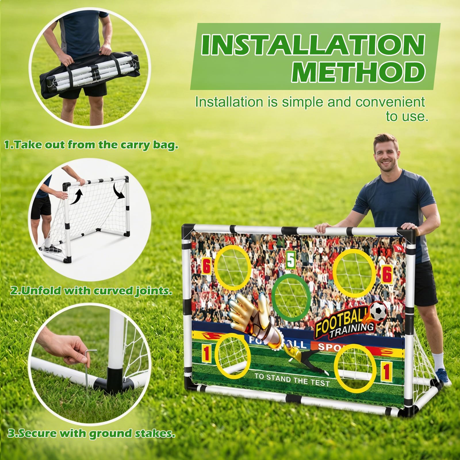 Porta da calcio 2 in 1 per bambini, 120 x 78 x 64 cm, porta da calcio per giardino, portatile, con 5 aree di bersaglio, stabile porta da calcio per giardino, parco, spiaggia, include 4 picchetti di