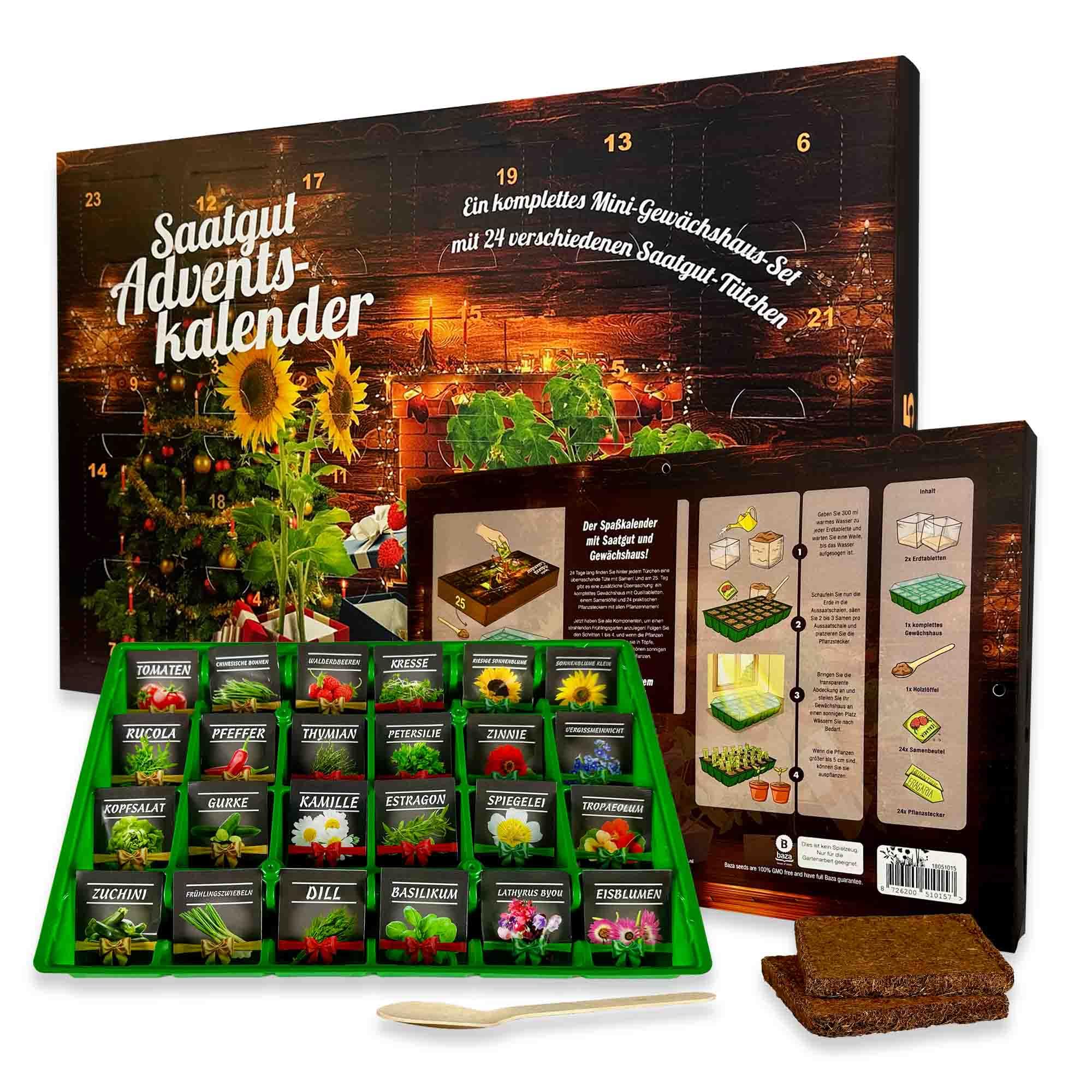 Sematgut Calendrier de l'Avent 2024 - Ensemble complet de culture avec 24 types de graines et mini serre/cadeau pour les amateurs de jardin/sacs surprise avec graines de fleurs, légumes et herbes