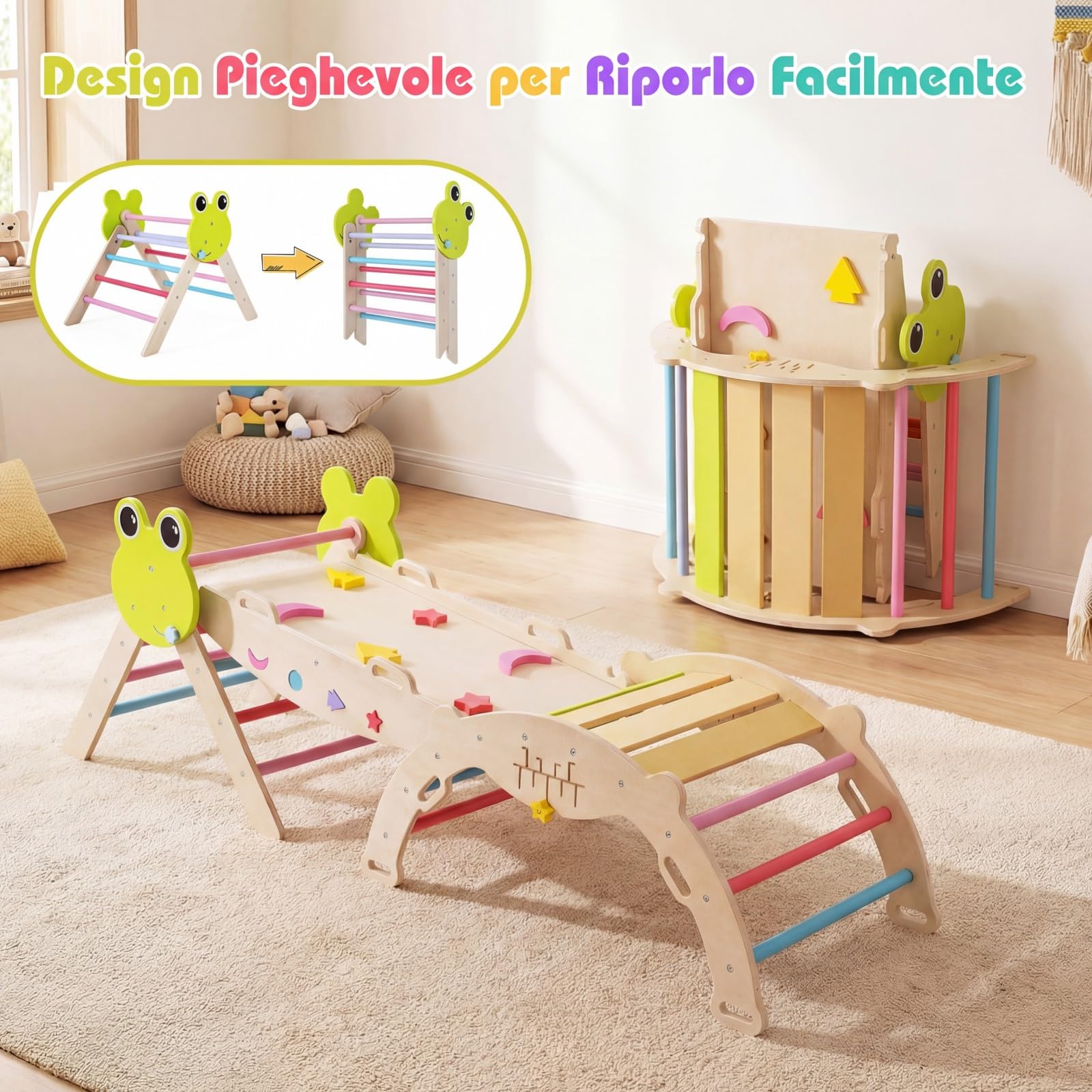 RELAX4LIFE Set da Arrampicata per Bambini, Triangolo di Arrampicata con Scivolo e Arco, Gioco di Incastri in Legno, Gioco Montessori per Bambini 1+ Anni (Rana-3 Pezzi | Colorato)