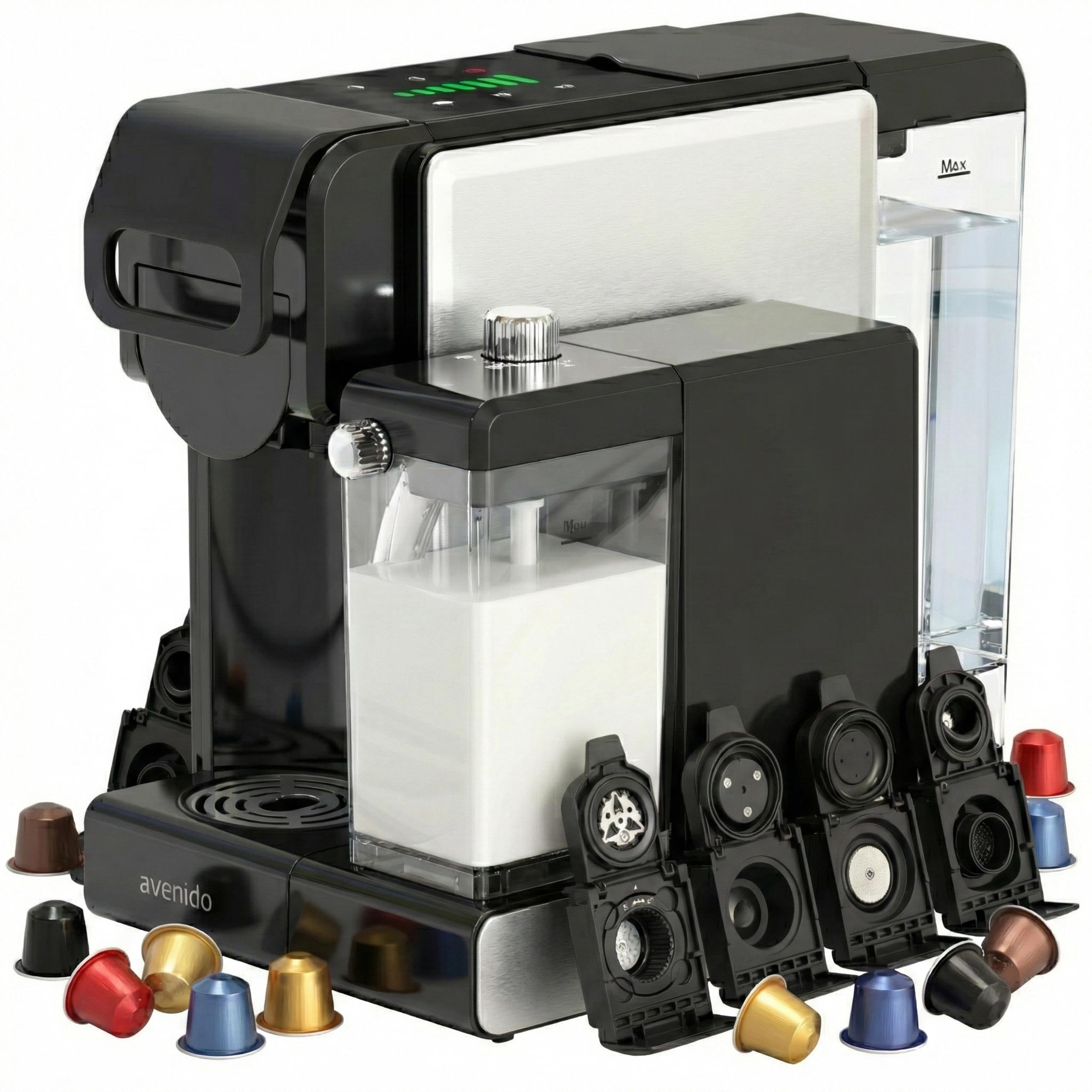 Kaffeemaschine, multikapsel-espressomaschine mit milchaufschäumer, 2850W leistung, 19 bar druck und 7 adapter, edelstahl