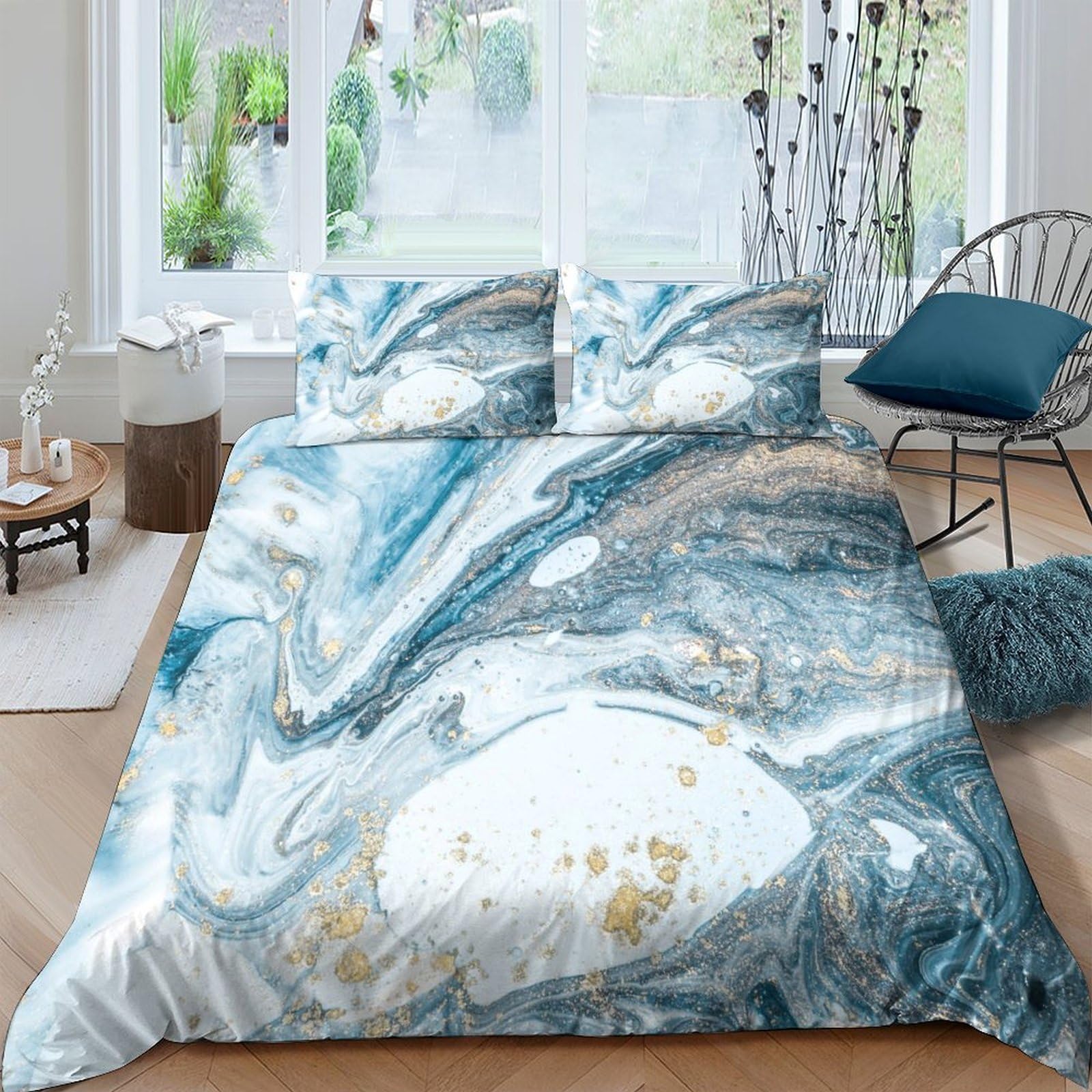 Ctjqhvkz Style-1 3D Printed Marble Blue Gold Fitted Sheet Microfiber Soft Breathable Abstract Swirl Bed Cover For Bedroom Guest Room Single（135X200cm）