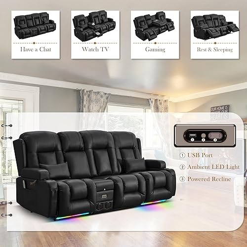 Miniatura 3 de TUNYI Sofá reclinable eléctrico con masaje y calor, asiento de cine en casa con consola, sofá biplaza reclinable RV con