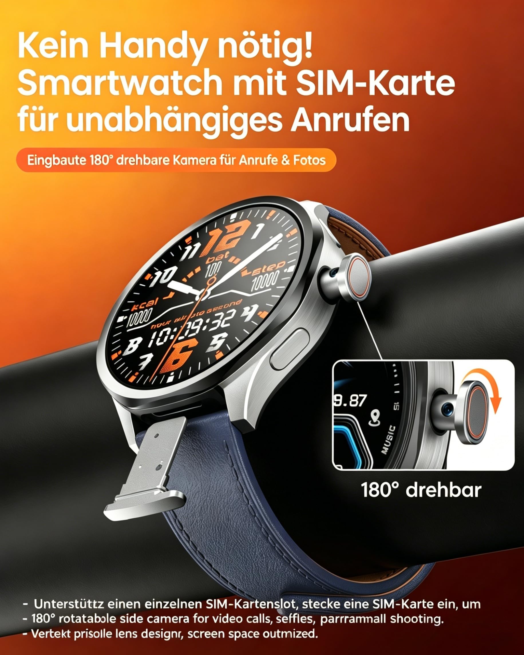 Smartwatch mit SIM-Steckplatz & 180° Drehbarer Kamera,1,73" HD-Touchscreen Android-Smartwatch,entsperrtes 4G GSM für Eigenständige Anrufe,GPS,Herzfrequenz Fitnessuhr,800mAh,3GB RAM+32GB ROM,Silber