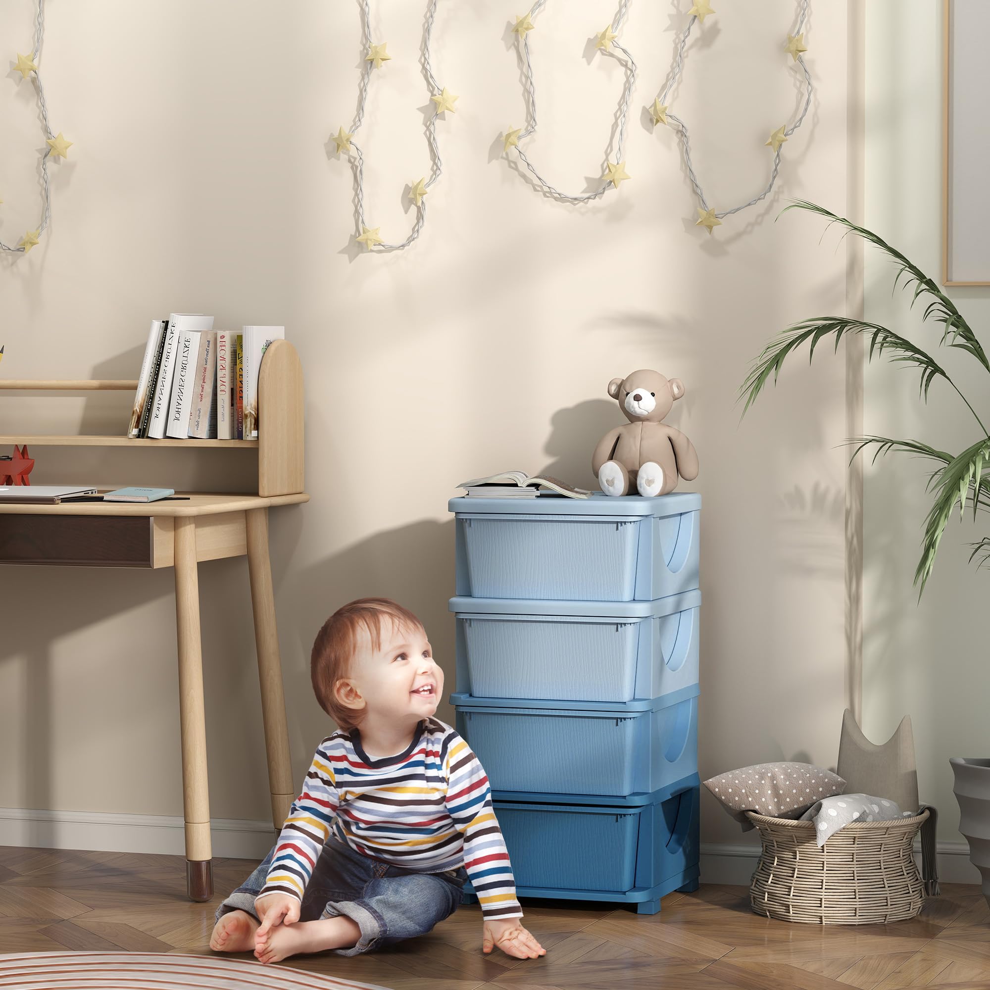 HOMCOM Tour de rangement pour enfants avec 4 tiroirs, rangement pour jouets pour enfants +3 ans, avec bords arrondis et poignées, pour chambre d'enfant, salle de jeux, chambre à coucher, 37x37x76 cm,