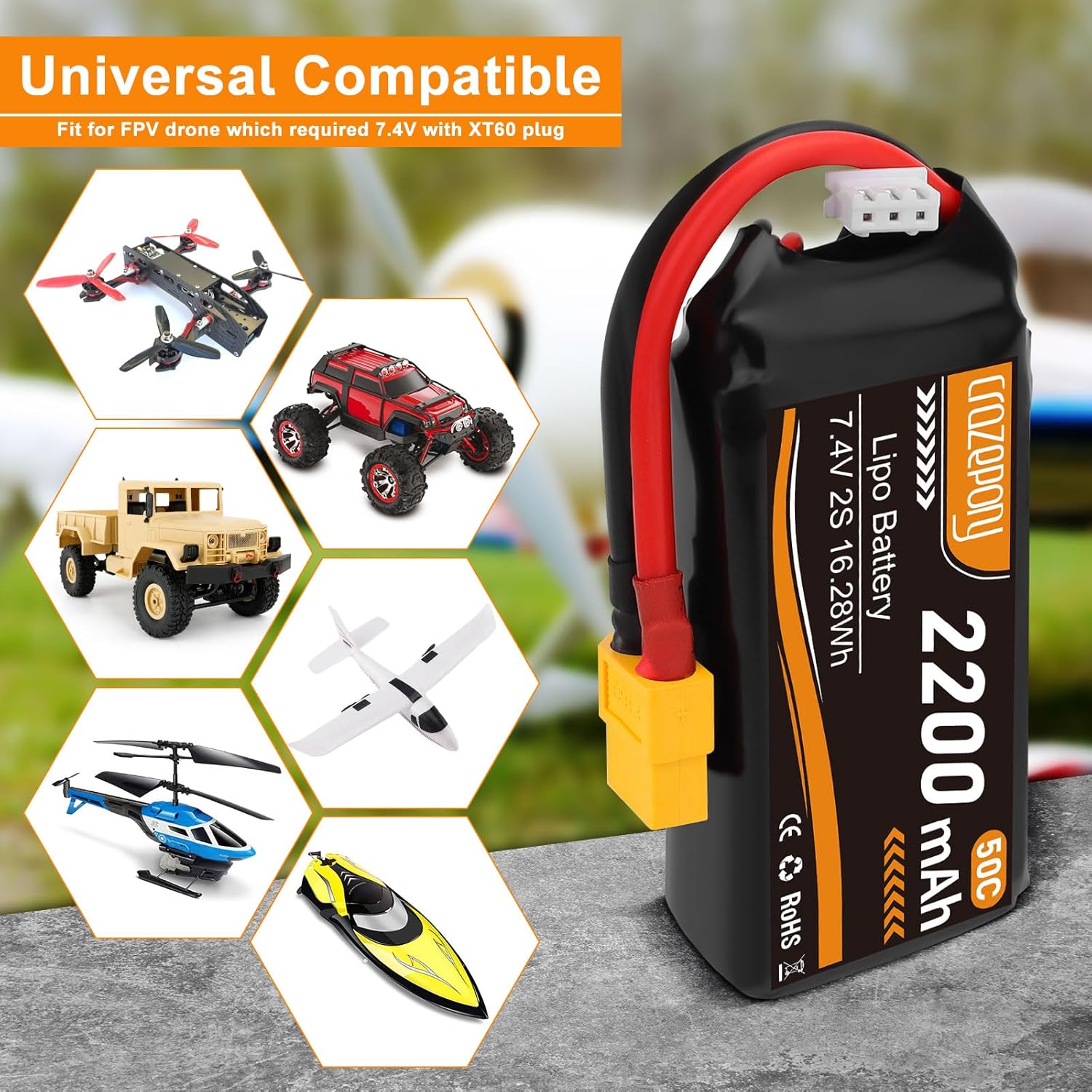 Crazepony 2S Lipo Battery 7.4V 2200mAh 50C Shorty Lipo Battery with XT60 Connector Soft Pack for 1/16 Slash RC Car RC Truck RC Helicopter Airplane Quadcopter Drone RC Boat Racing Models - 2 Pack