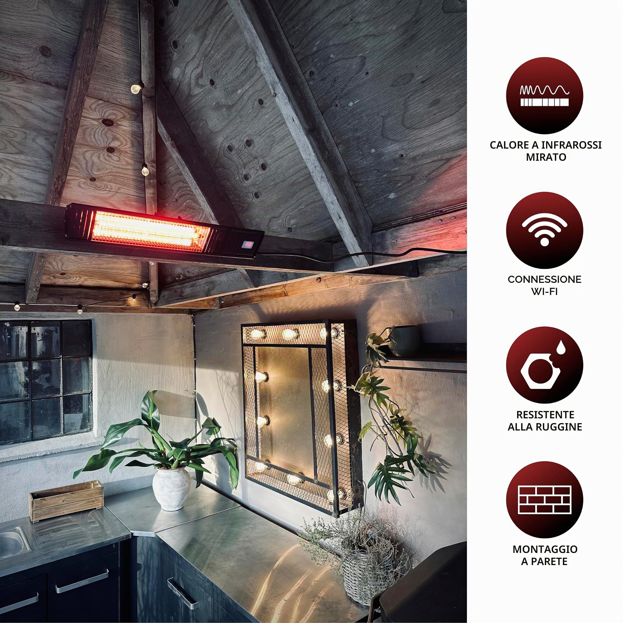 HOME It® Stufa da Esterno a Infrarossi 2000W con WiFi – Riscaldatore da Parete con Telecomando e App – Impermeabile IP65, 9 Livelli di Potenza, Timer 24H