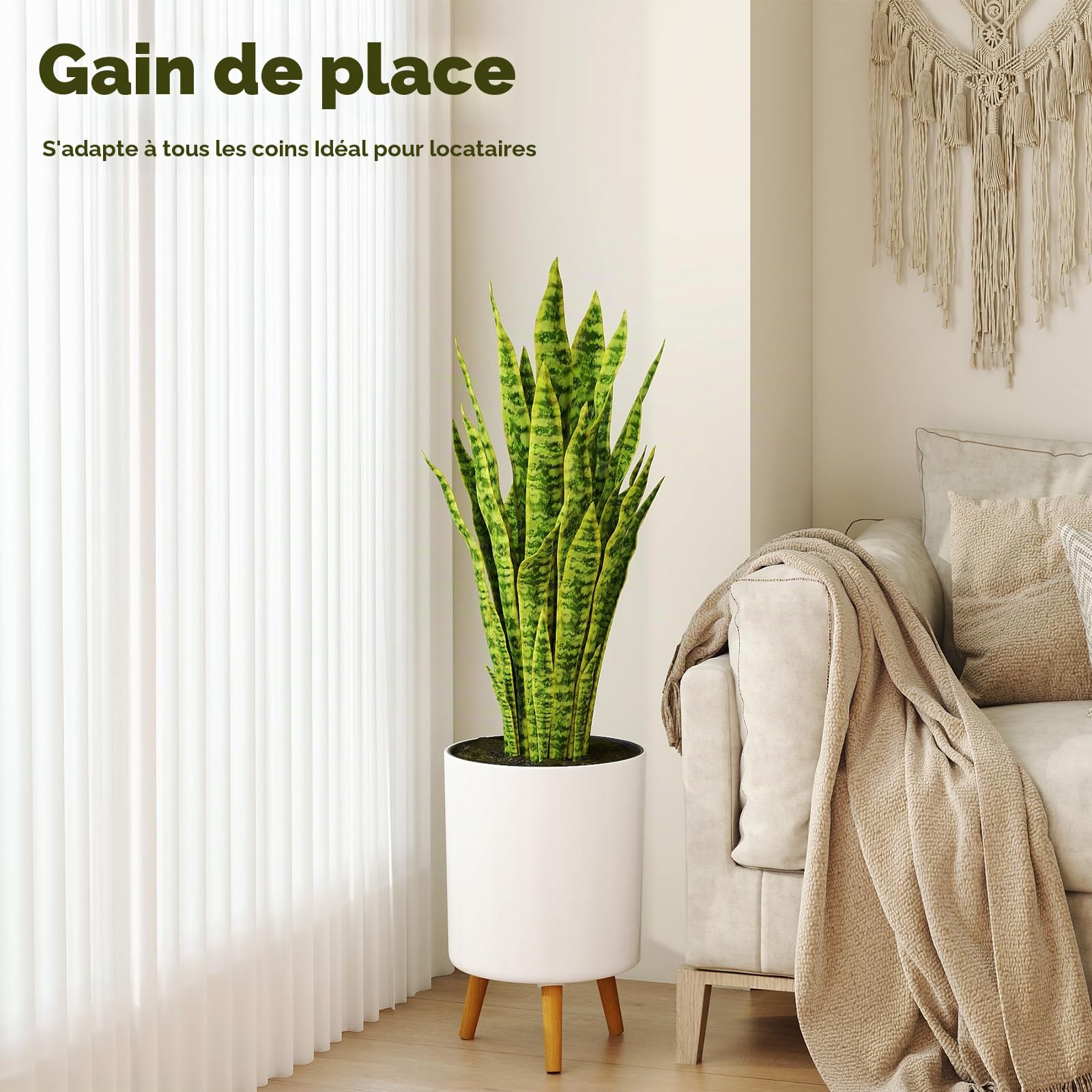 Bamworld Pots de Fleurs d'intérieur avec Support de Plantes 24,4 cm à arrosage Automatique avec Pieds en Bois Amovibles et indicateur de Niveau d'eau, Pot de Fleurs Moderne avec Pot intérieur