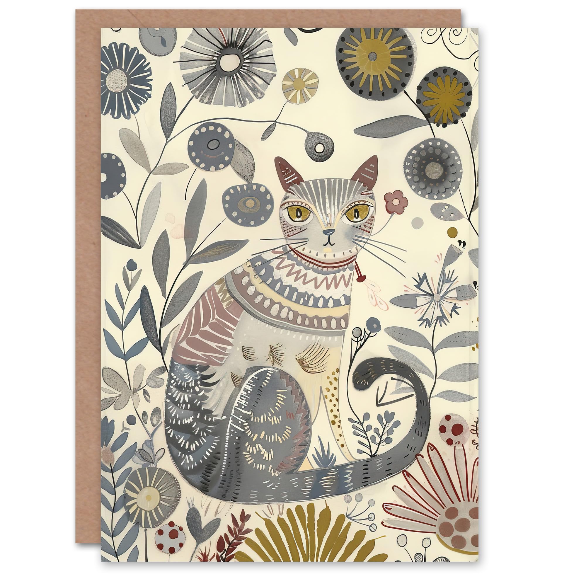 Artery8 Greeting Card Rustic Cat Wildflower Field Bright Floral Pattern Blank For All Him Or Her Art Birthday Card