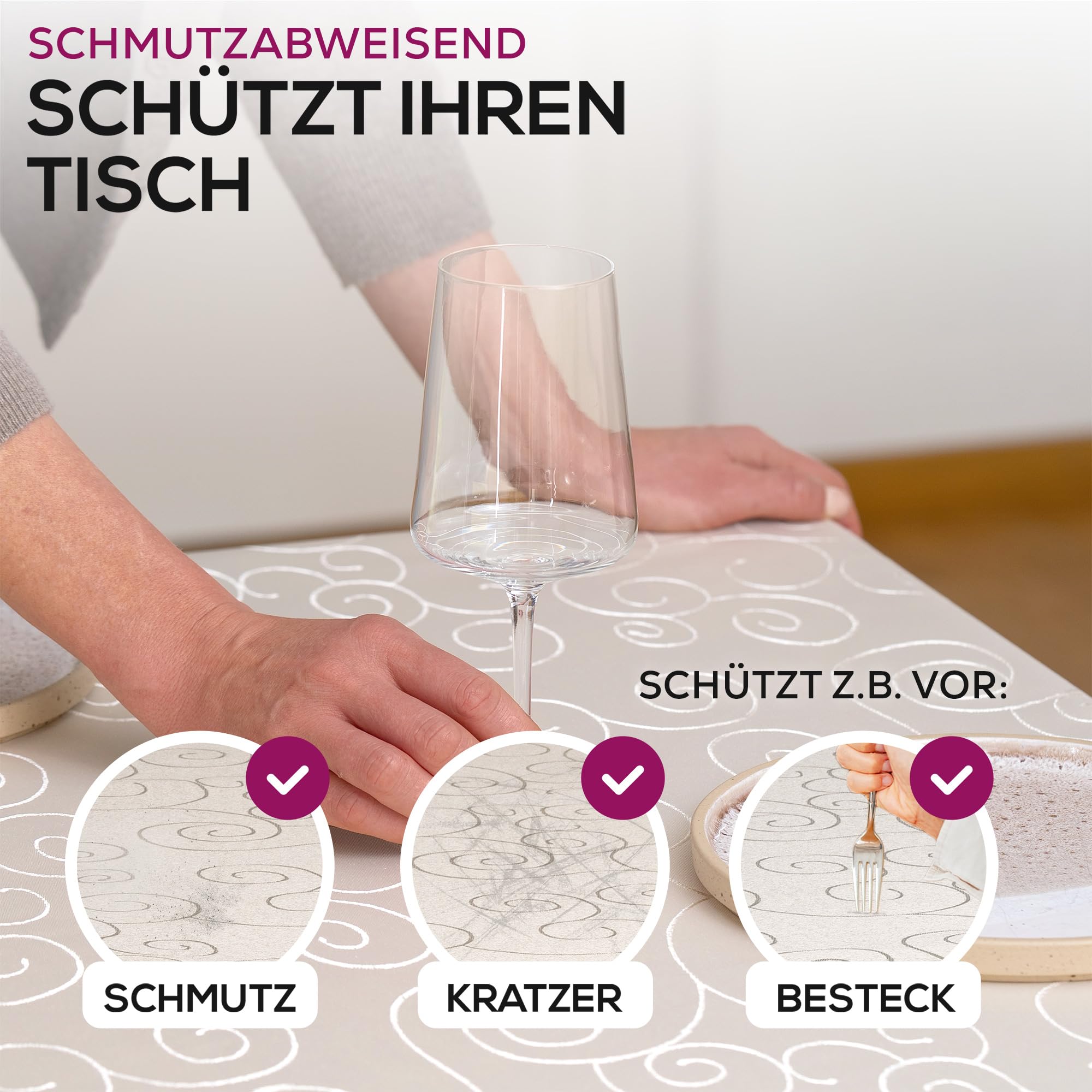 BEAUTEX Damast Tischdecke Ornamente eckig 160x300 Champagner bügelfrei edel | fleckenabweisend, Lotuseffekt, formstabil, strapazierfähig, eleganter Glanz, hochwertige Tischwäsche für Alltag und Anlass
