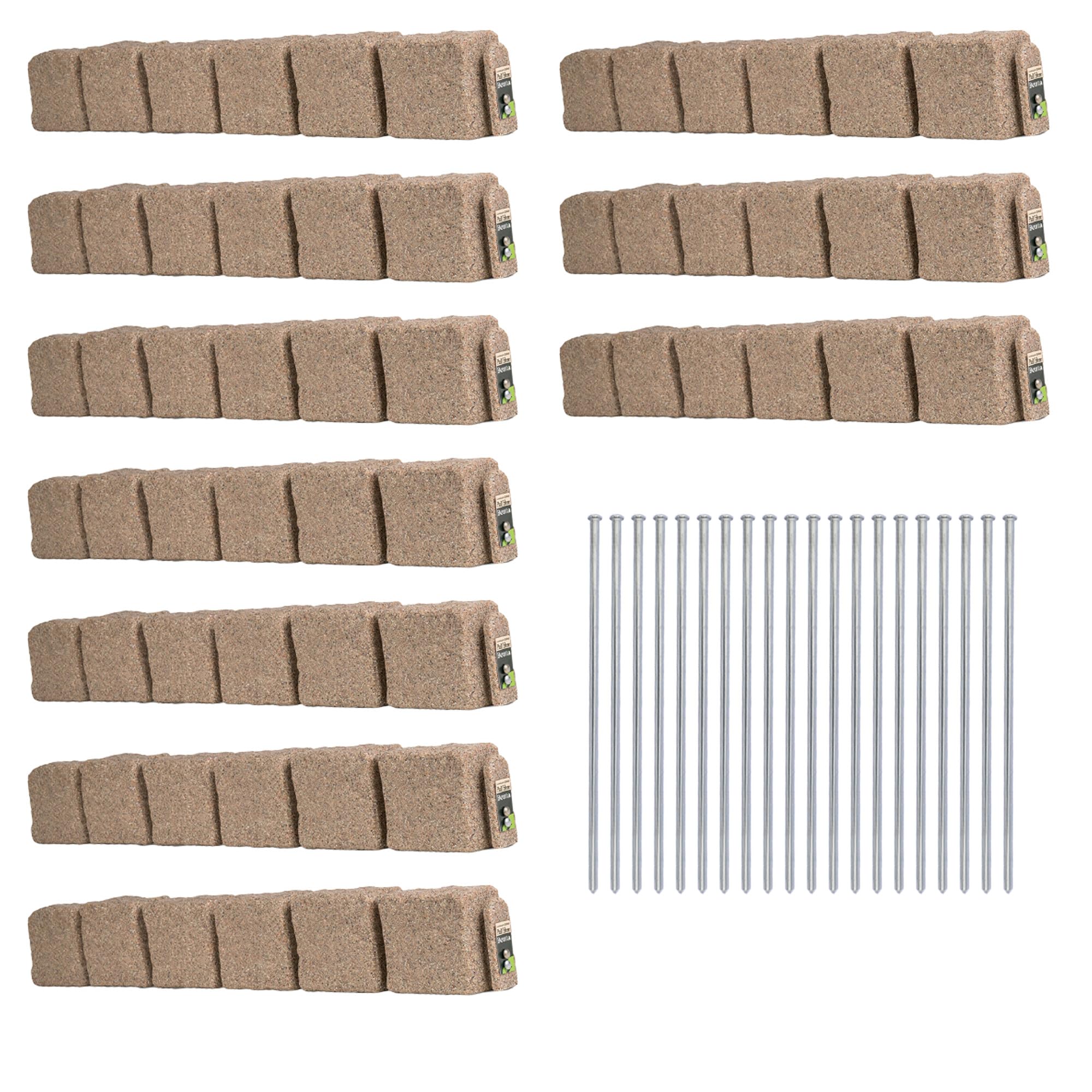 Beuta Landscape Edging | Garden Edging Border | Faux Stone Blocks for Lawn Edging, Flower Beds & Yard Edging – 10 Pack | Each Section Has 6 Blocks 48" L x 4" W x 6.5" H | 20 Spikes | Sandstone