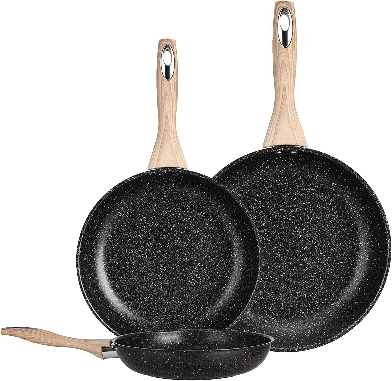 Non Stick Frying Pan Set, 3 Pieces 410 Stainless Steel Cookware Set 8 & 10.2 & 12 inch with Induction Compatible Bottom and Ergonomic Heat Resistant Bakelite Handle, Black