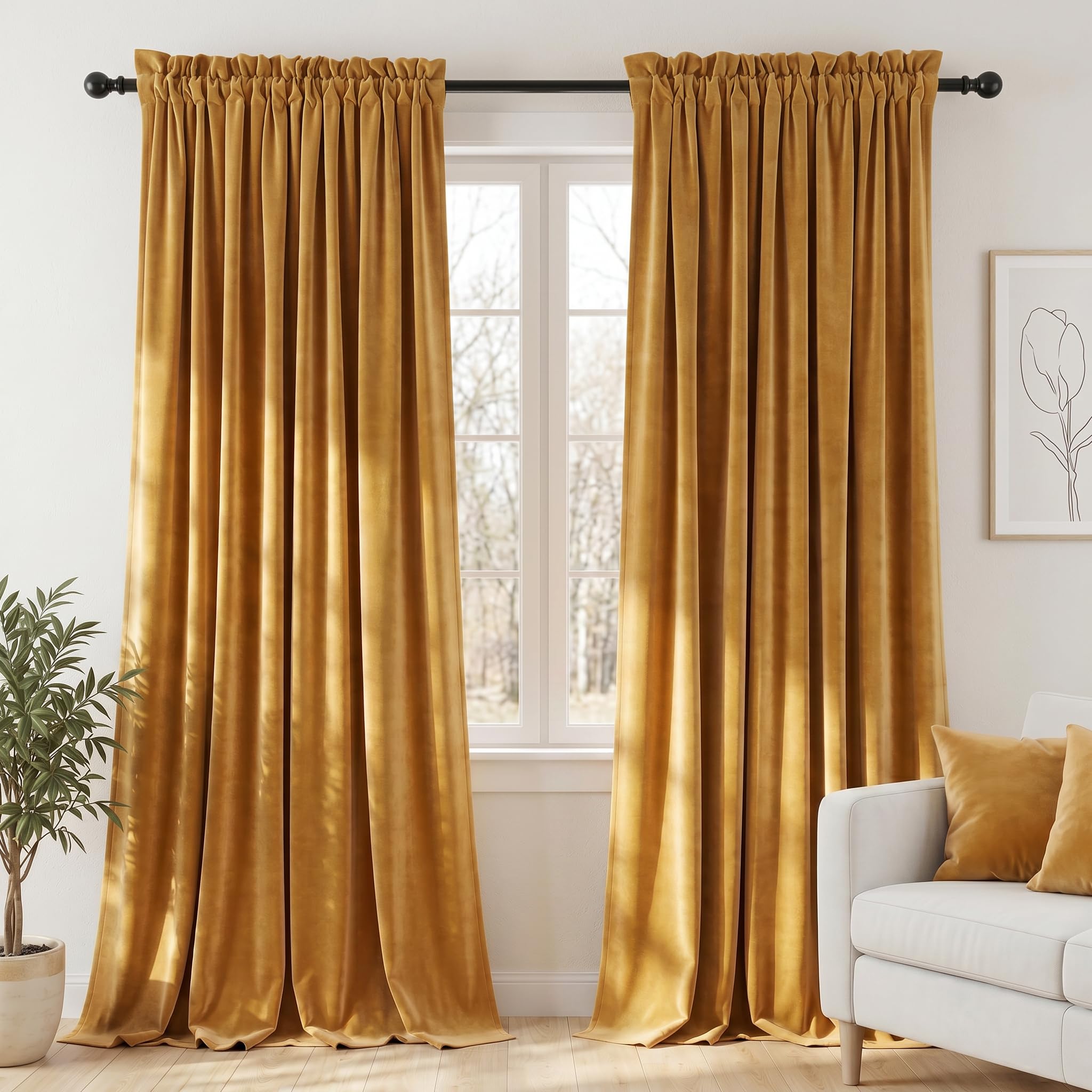 Dchola Mustard Yellow Velvet Curtains for Bedroom Window, Super Soft Vintage Luxury Heavy Drapes, Room Darkening Rod Pocket Curtain for Living Room, W52 by L90 inches, 2 Panels