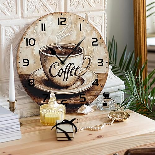 Miniatura 3 de Reloj de pared redondo de madera silencioso sin tictac de 10 pulgadas, funciona con pilas, para café, hogar, cocina, sala de estar, oficina, hotel,