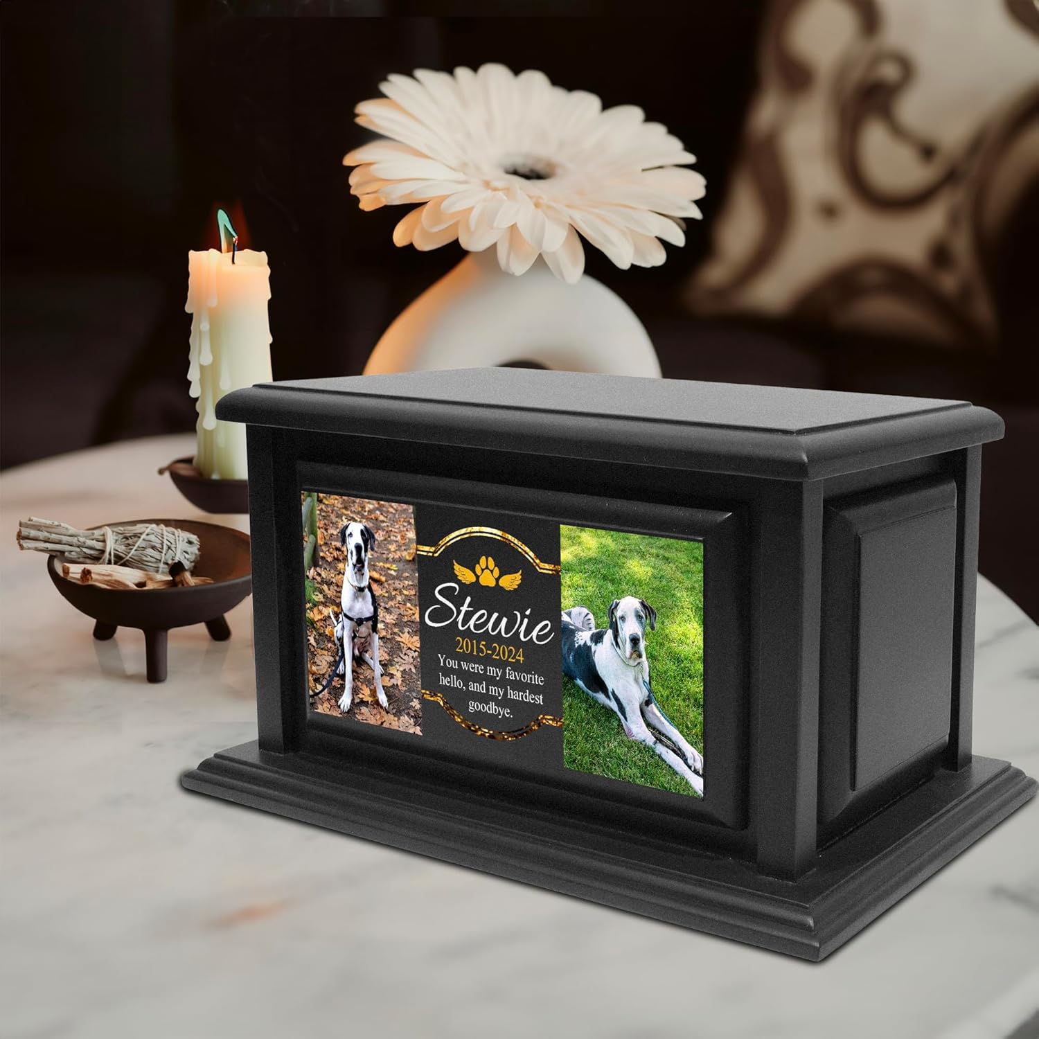 250lbs Personalized Pet Urns Made of Solid Pine Wood, Custom Urn Box for Dog Ashes, Large Burial and Cremation Urns for Dog Memorial, Black Wood Color (Design 1, Large)
