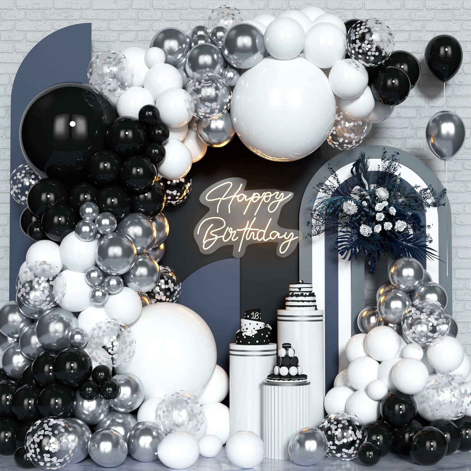 Kit Arco Guirnalda Globos Plata Blanca y Negra, 127Pcs Kit Arco Guirnalda Globos Blanco y Negro Mate, Globo Plateado Metálico Con Globo Confeti Para Cumpleaños Bodas Novias Graduaciones Decoraciones