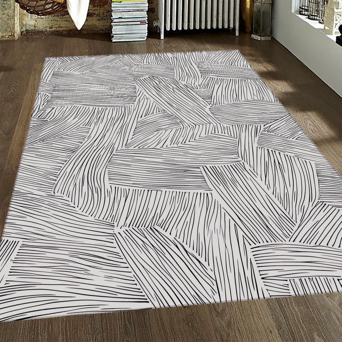 Tapis modern runner 80 x 120 cm en encre abstraite pour décorer le sol d'un couloir minimaliste