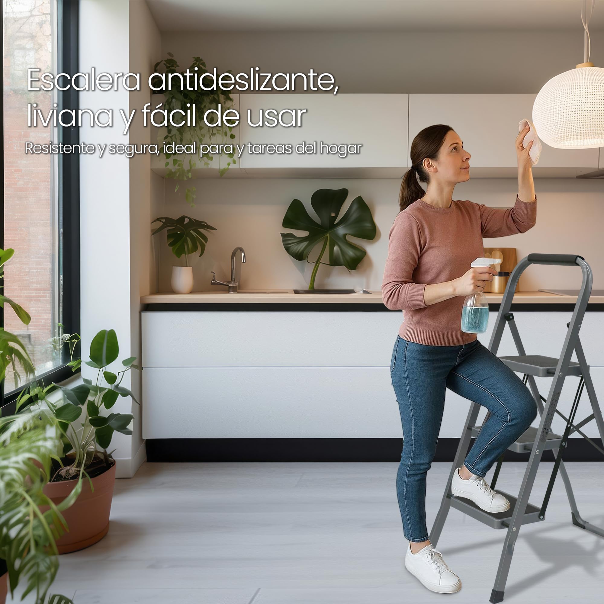 UZIRO Escalera Plegable 3 Peldaños -Estructura de Acero y Peldaño Antideslizante - Asa Superior de Goma - Escaleras Plegables Domésticas - Step Ladder para Hogar (Gris, 3 Peldaños)
