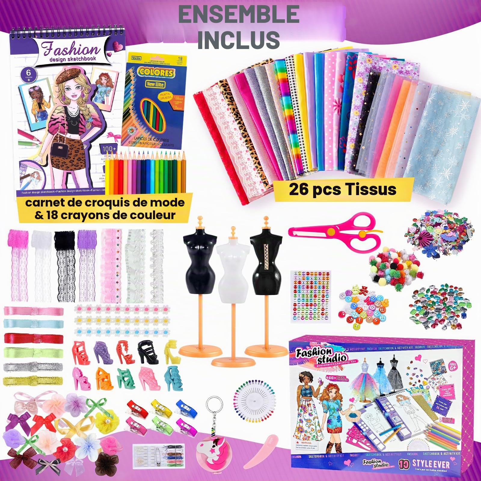 Studio Mode Fashion Design Kit Jouet Cadeau Fille 7-12 ans, Kit Couture Loisirs Créatifs avec Tissus, Mannequins & Crayons