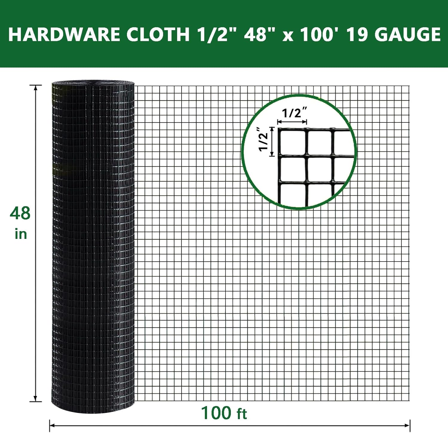 Hardware Cloth 48'' x 100', 1/2" x 1/2" Welded Wire Mesh Roll, 19 Gauge Galvanized Hardware Cloth, Chicken Wire Fencing Roll, Garden Fence with Cutting Plier & Gloves