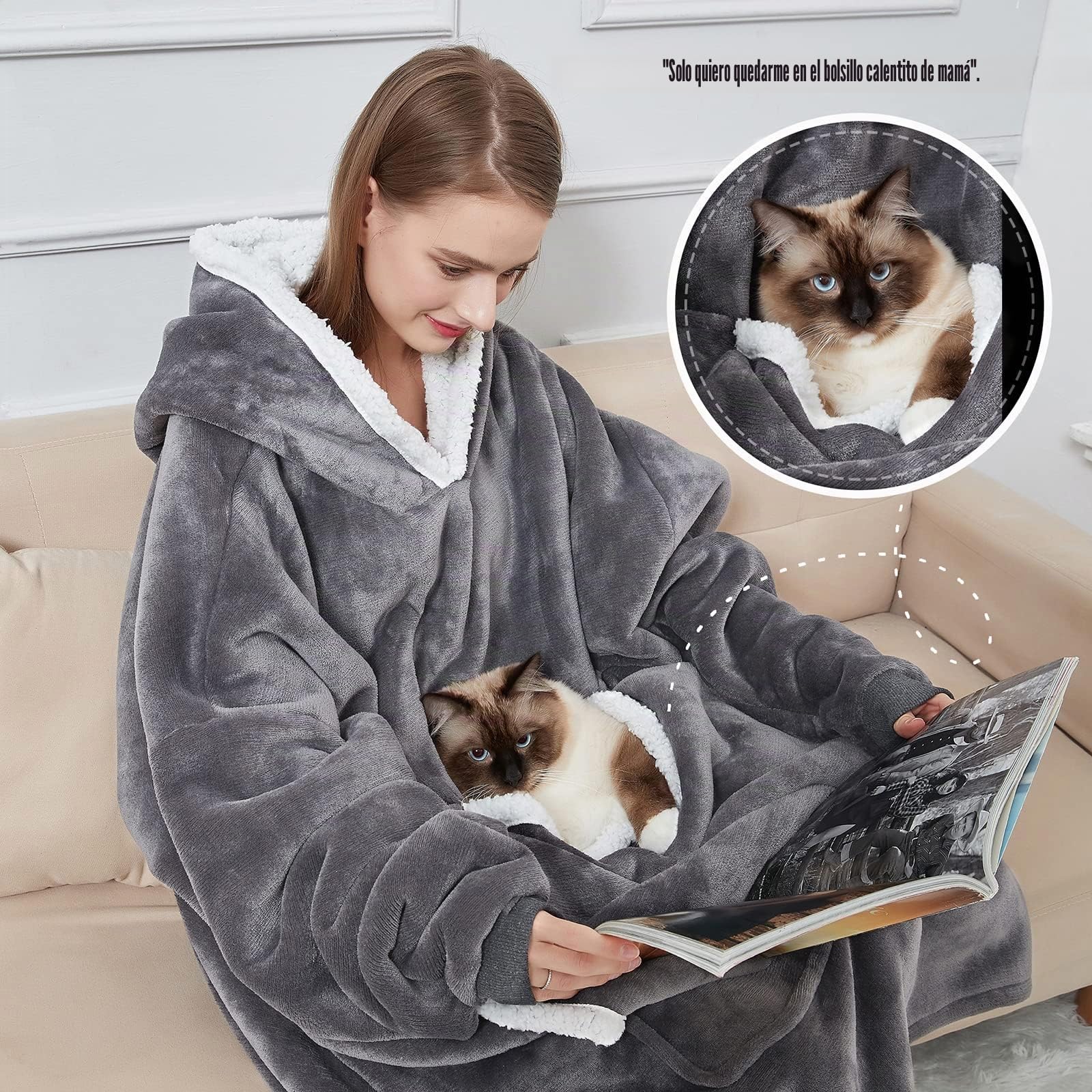 Cozystar Manta con capucha y bolsillo gigante (la mascota no se irá) forro polar sherpa extra suave, gruesa, cálida y acogedora, sudadera de gran tamaño con mangas, color gris