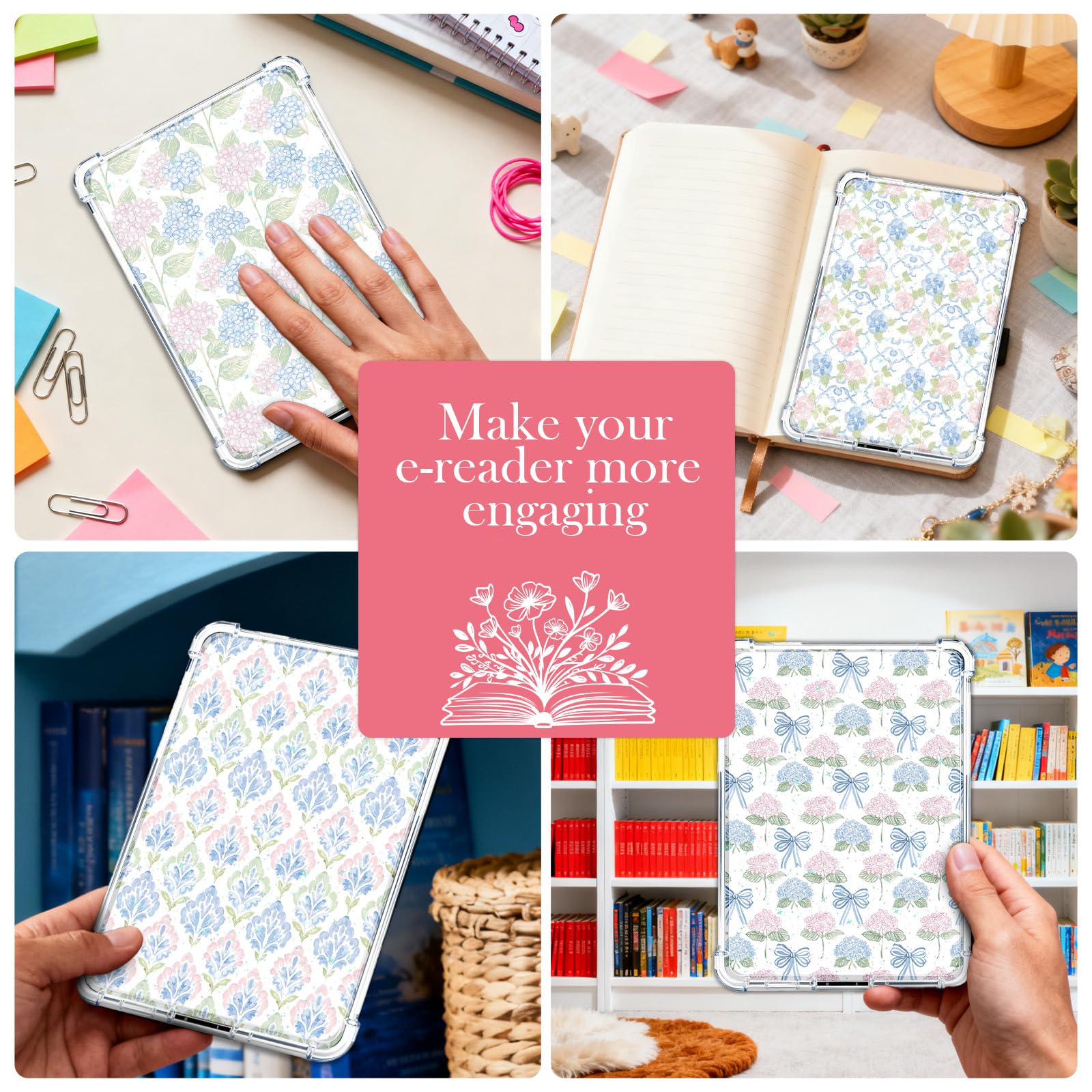 Rngmsi Karton-Einlagen für Kindle E-Reader, Blau, Rosa, 12 Stück | Schutzhülle für Kindle Paperwhite 11.-12. Geburtstag, Blumen-Design, transparent, Zubehör für Ereader