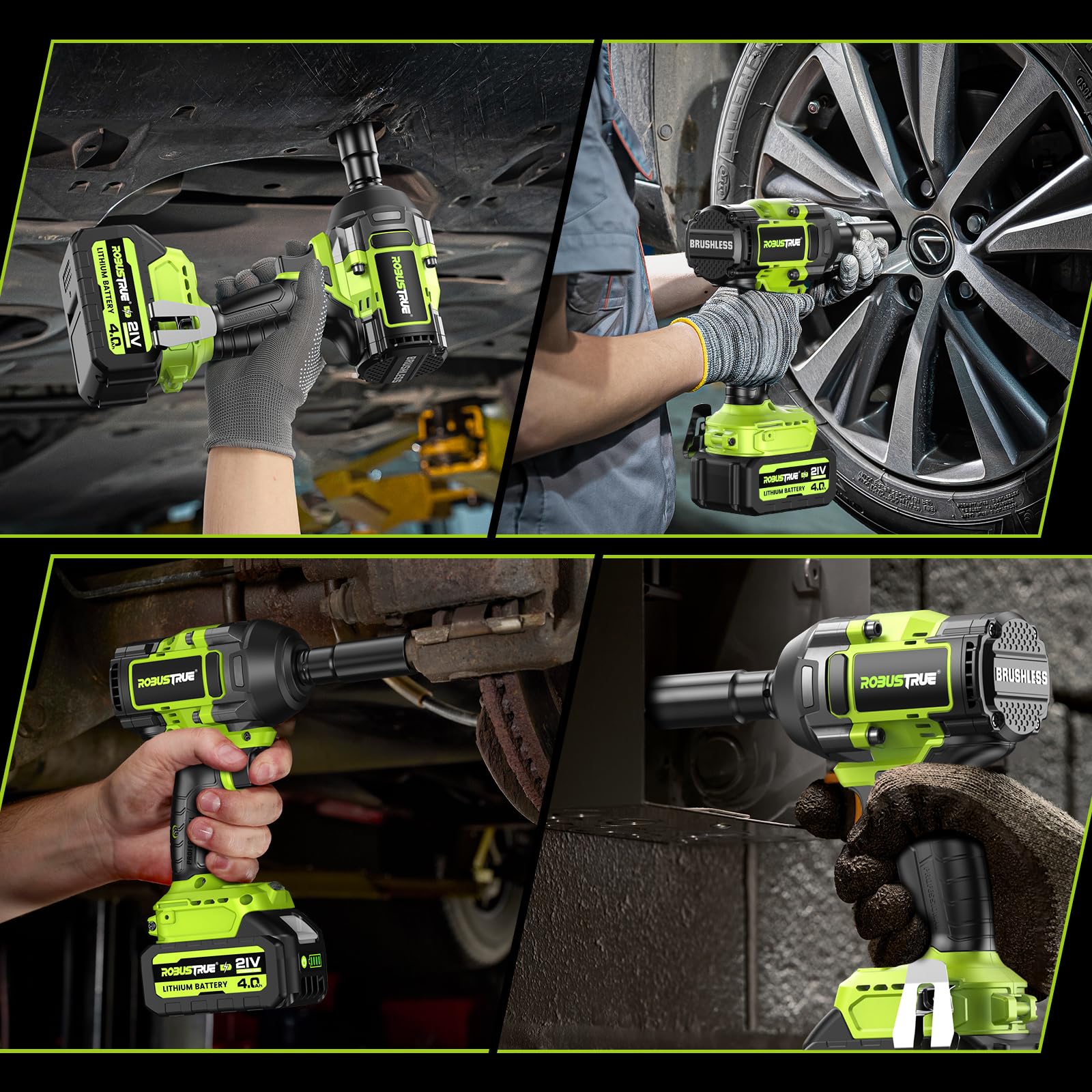 Robustrue 1100 N·m Llave de Impacto, 21V Inalámbrica sin Escobillas Pistola de Impacto & 2 x Baterías de 4000mAh, 1/2" llave de impacto con 4 Dados – Para Coche, Furgoneta, Cortacésped