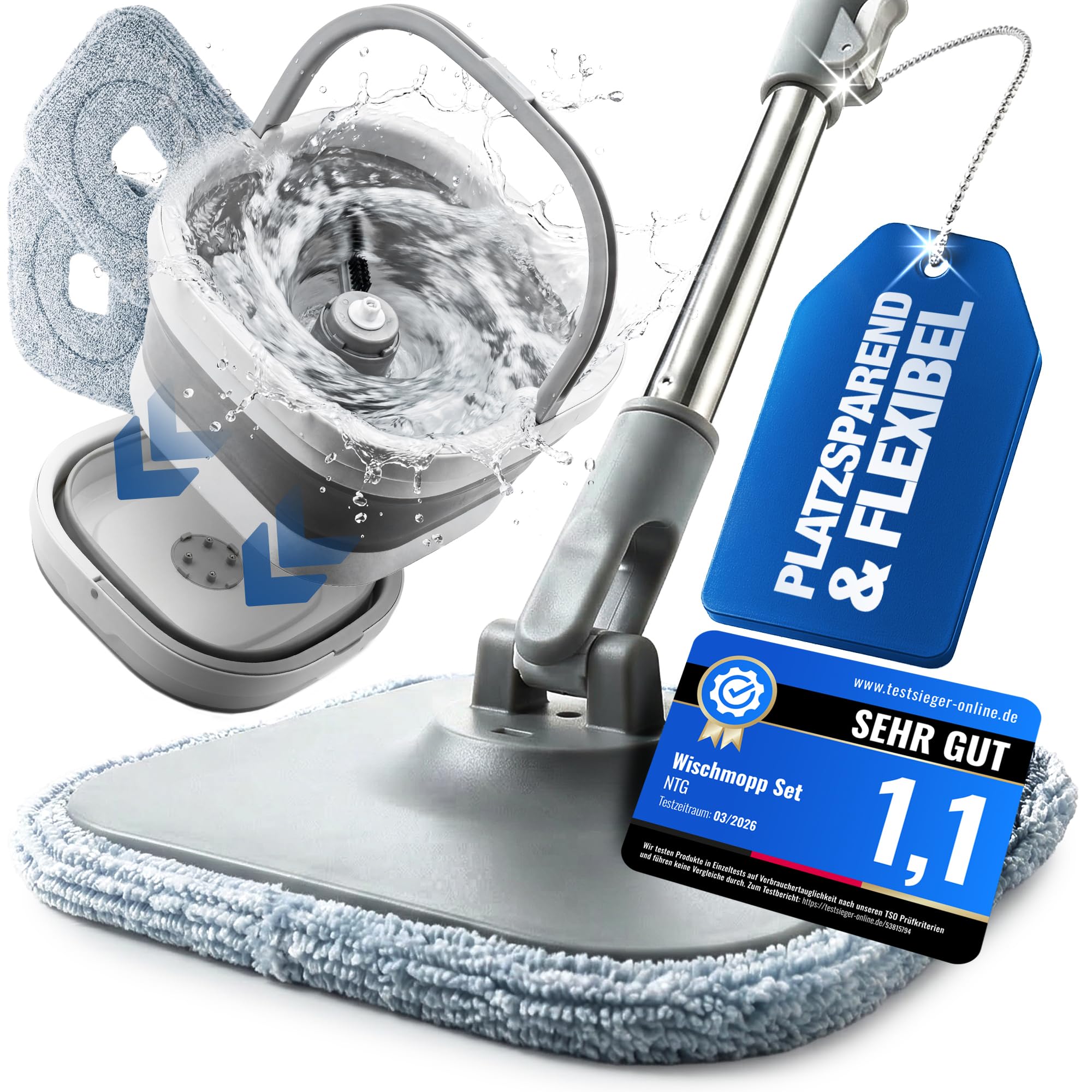 NTG Wischmopp Set mit Eimer – Mop Set mit Mikrofaser-Bodenwischer & Rotationsfunktion – platzsparendes Reinigungssystem inkl. Ersatz-Wischpads für Laminat, Fliesen & alle Bodenarten