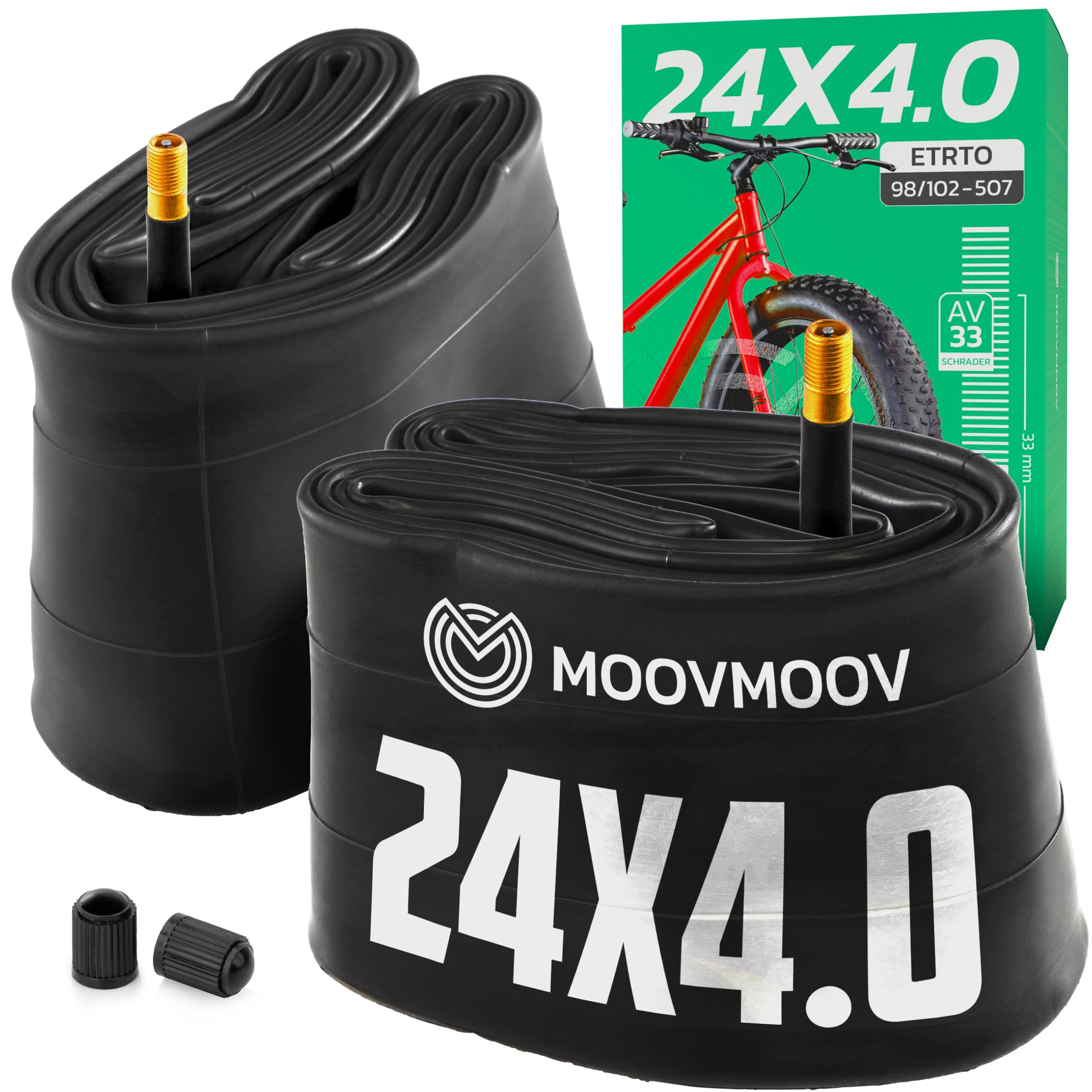 MOOVMOOV Camera d’aria 24x4.0 - Confezione da 2 - Fat Bike, MTB Pneumatici Larghi - ETRTO 98-507/100-507/102-507 - Ruota larga 24 pollici