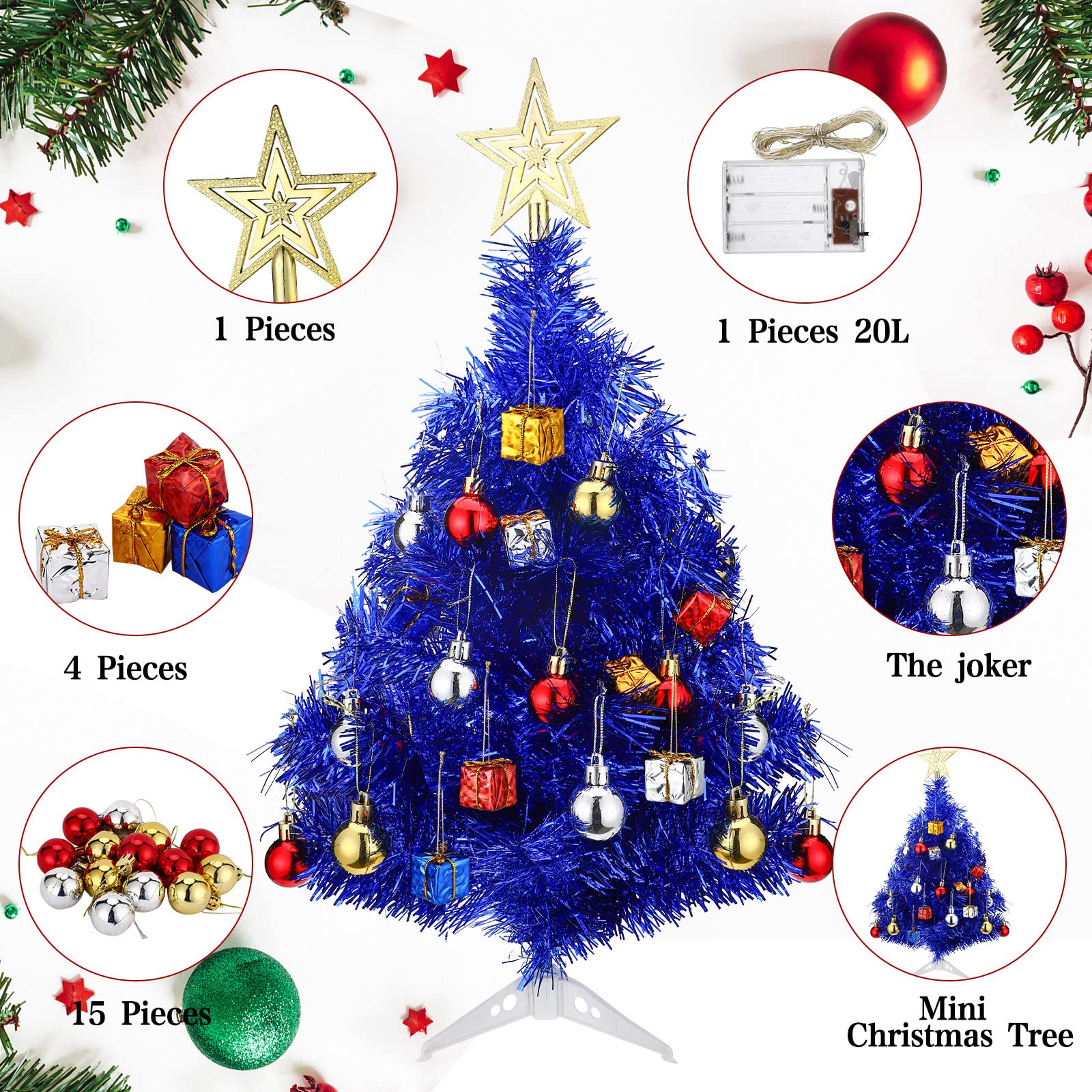 20 Inch Tabletop Mini Christmas Tree Set with LED Lights Artificial Small Christmas Tree DIY Decor Ornaments Balls, Star Treetop for Home Indoor Table Desk(Blue)