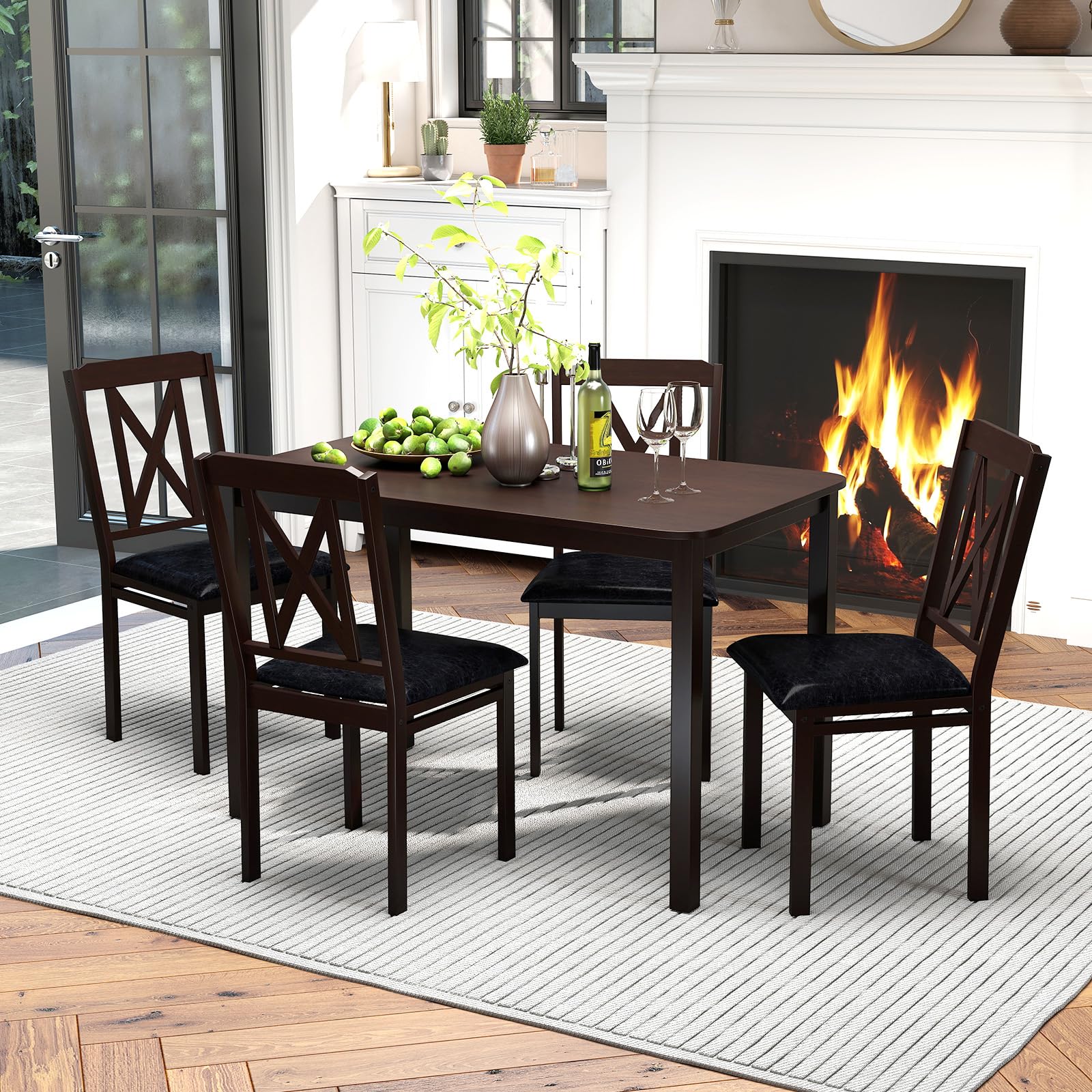 GOFLAME 5-Piece Dining Table Set for 4, 47" Modern Kitchen Table and 4 Upholstered Chairs with Padded Seat and Rubber Wood Frame, Space-Saving Dinette