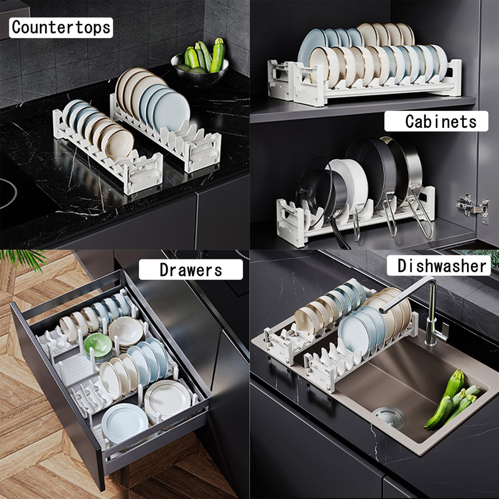 Verstellbares weißes Abtropfgestell für Küchenschränke, Aluminium-Tellerhalter für Arbeitsplatten, Schüsseln und Geschirr, platzsparendes Design, perfekt für Zuhause und Restaurant