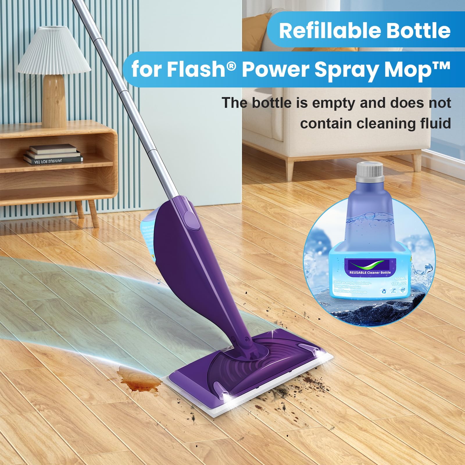 Flacone di ricambio da 500 ml per Flash® Power Spray Mop™, ricaricabile, senza perdite, in HDPE, con 6 cuscinetti sigillanti e 1 imbuto pieghevole