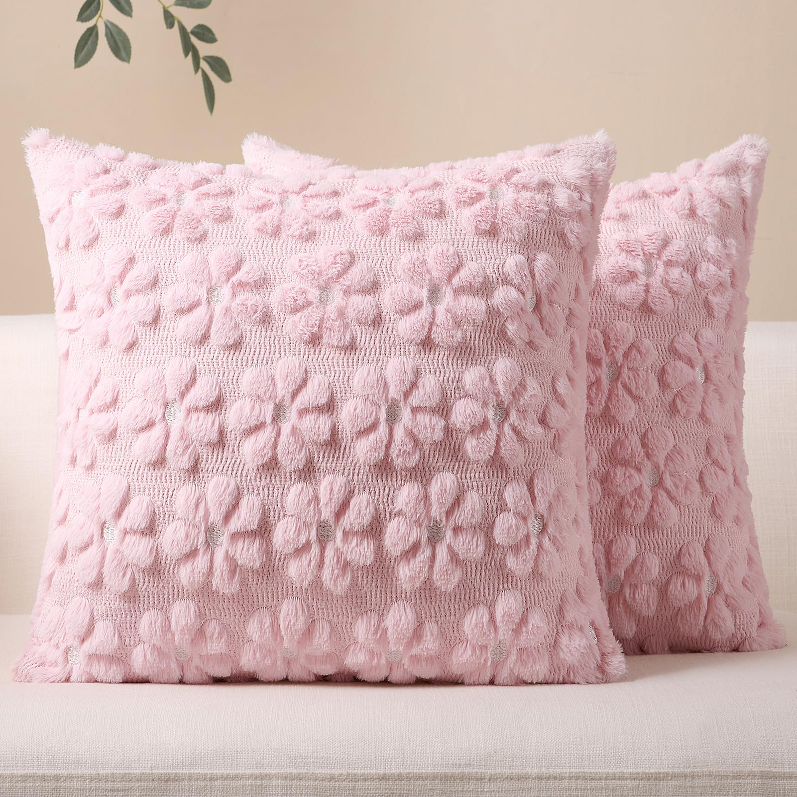 Softalker Cushion Covers 50cm x 50cm Pink Faux Fur Cushion Cover Dasiy Fluffy Throw Pillow Cases Set of 2 for Outdoor Sofa Spring Garden Easter Bedroom Seat Decorations (20x20 inch)