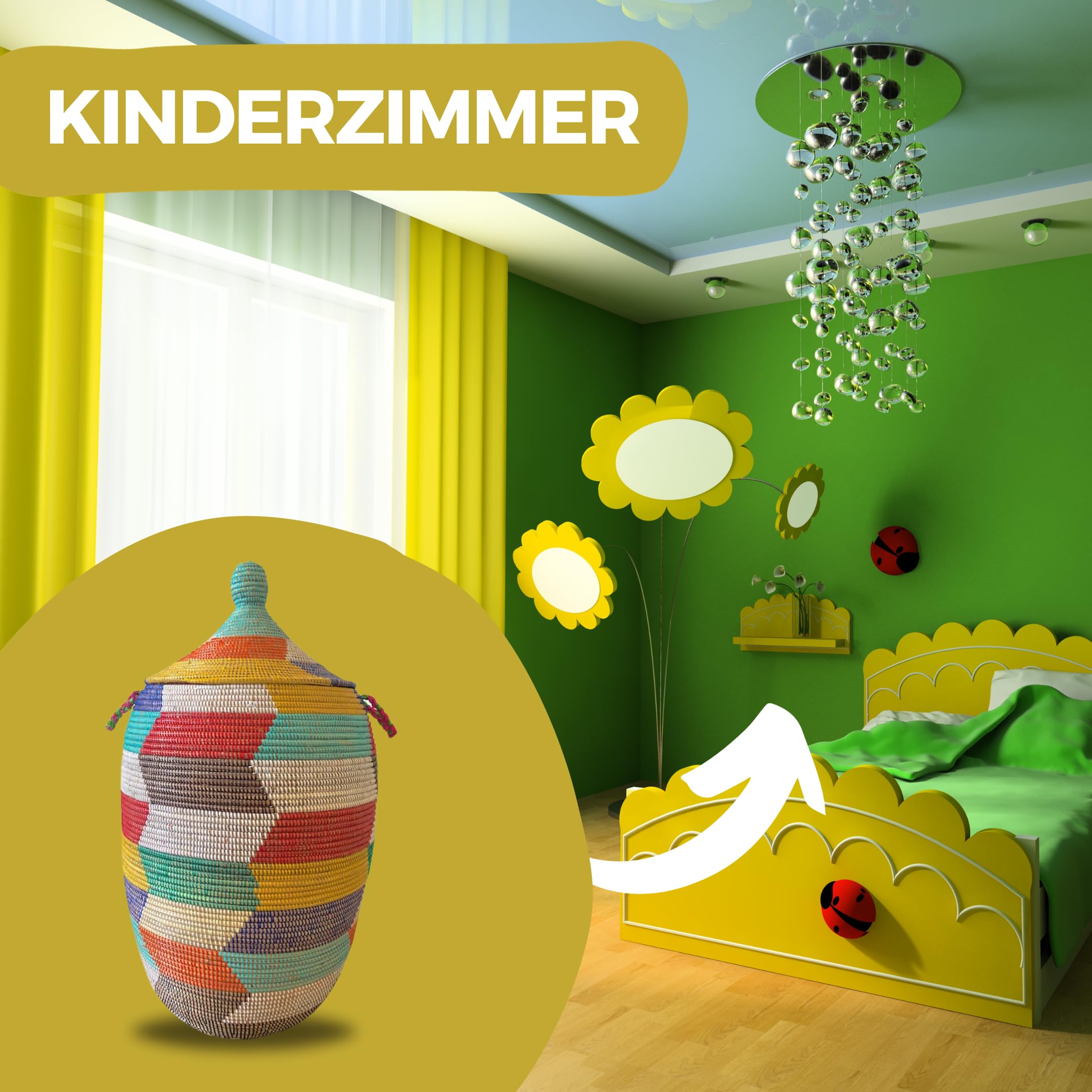 Wäschekorb Afrika - L/XL/XXL - Das Original aus dem Senegal - Zick Zack Bunt - Afrikanischer Flechtkorb mit Deckel - Großer Fair Trade Korb für Bade- / Wohn- & Kinderzimmer - Dekokorb (XXL)