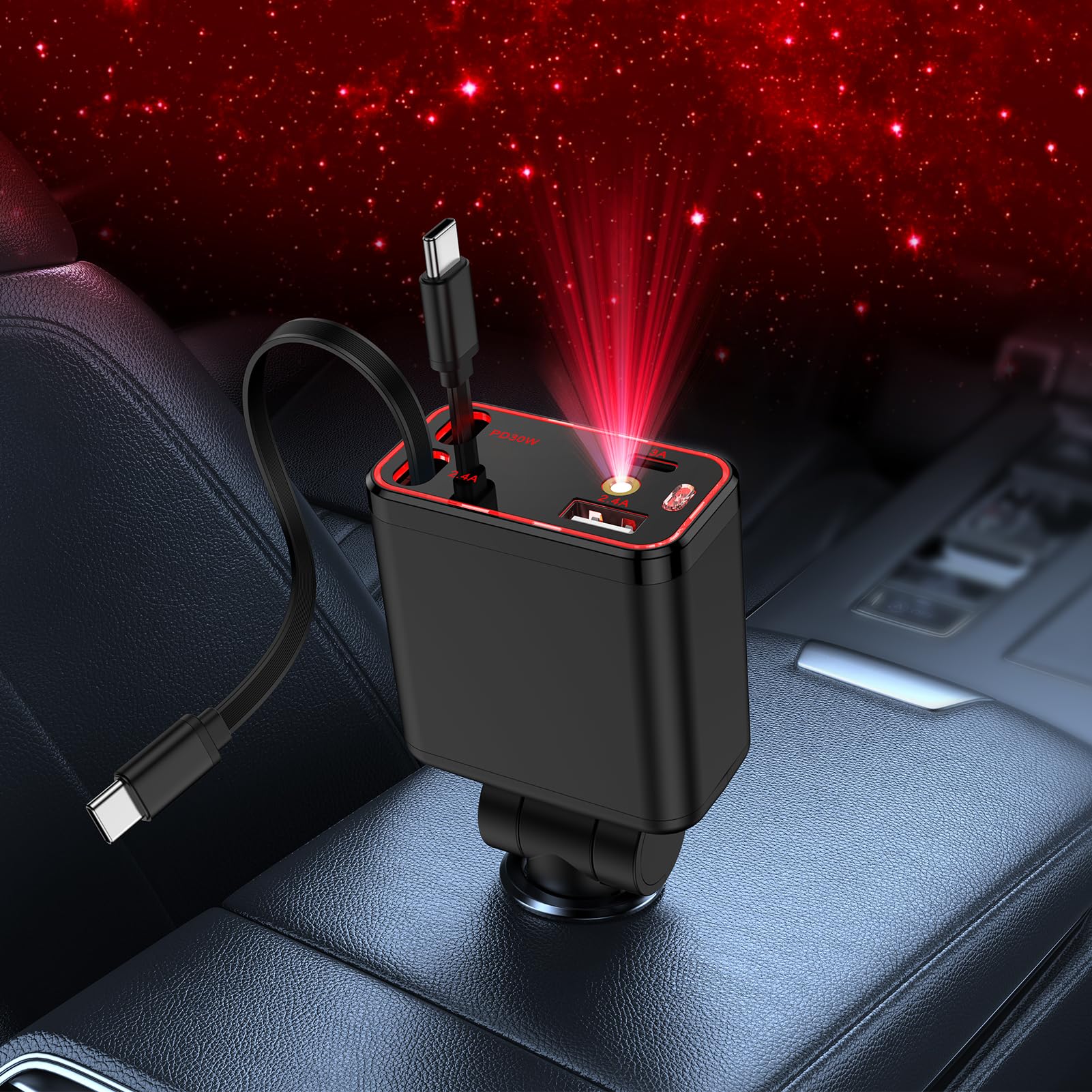 Cargador retráctil de coche con luz de estrella, 47 W Starlight en el techo del coche, 4 en 1, súper rápido, USB C y USB A, adaptador de cargador de teléfono para Galaxy S26 Ultra/A17/A16 iPhone 17e